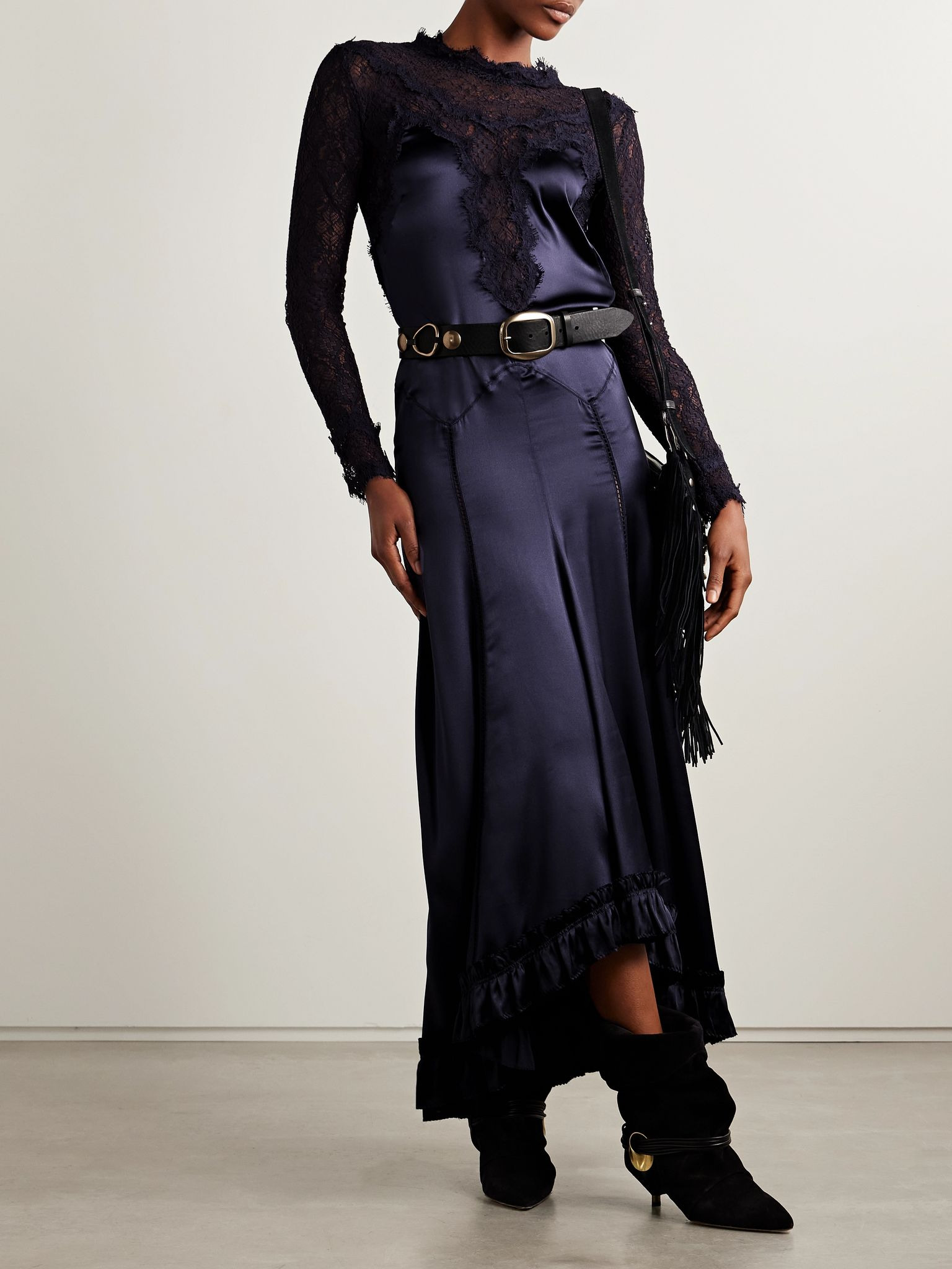 Dolores silk-blend satin and corded lace maxi dress Black - 2