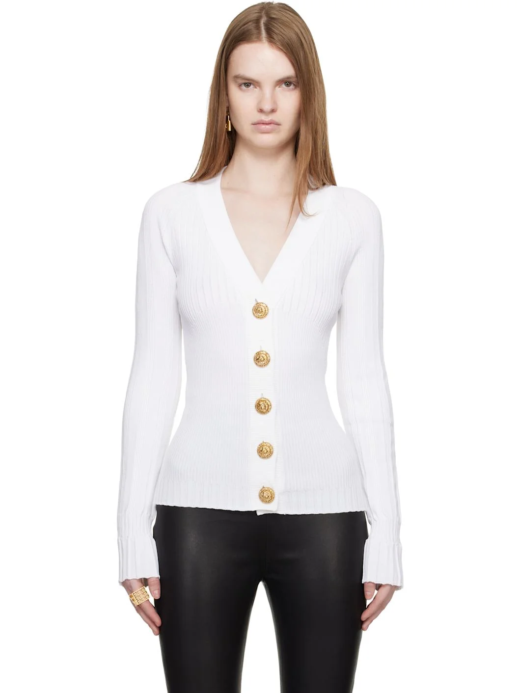 White Buttoned V-Neck Light Knit Cardigan - 1