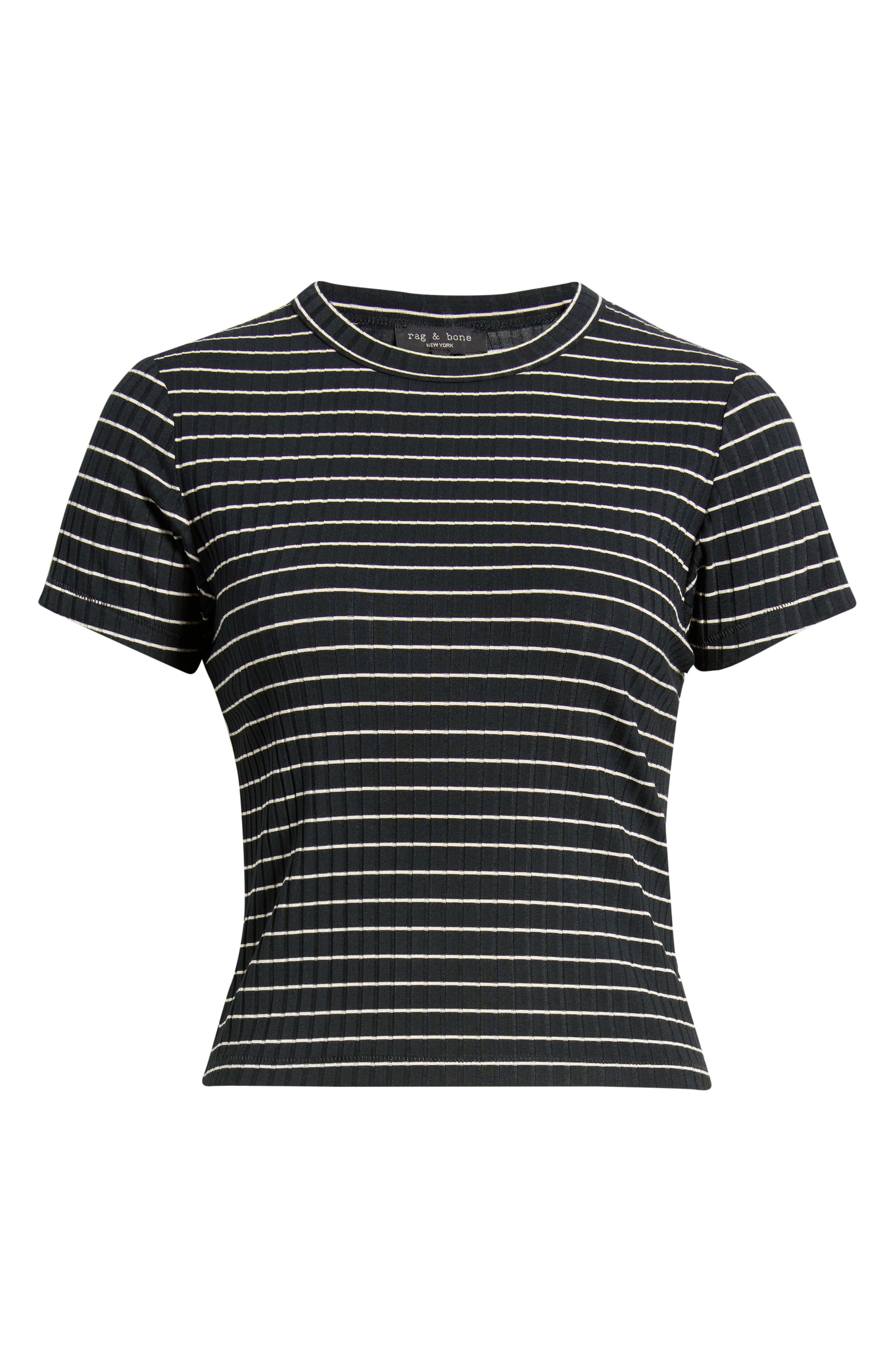 rag & bone Luca Stripe Rib Baby T-Shirt in Black/Ivory at Nordstrom - 1