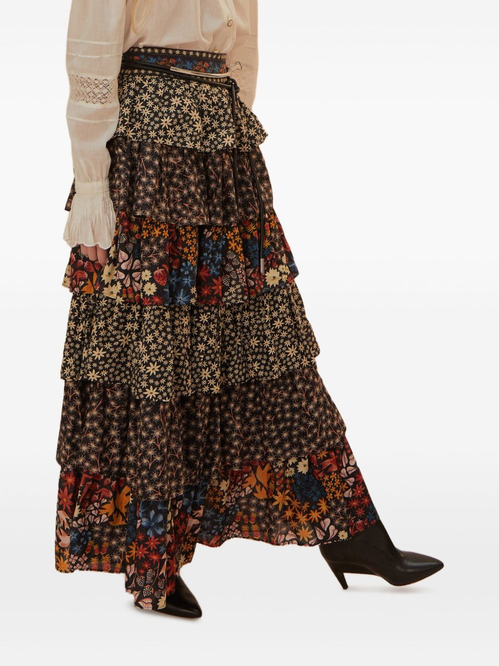 floral-patchwork tiered midi skirt - 2