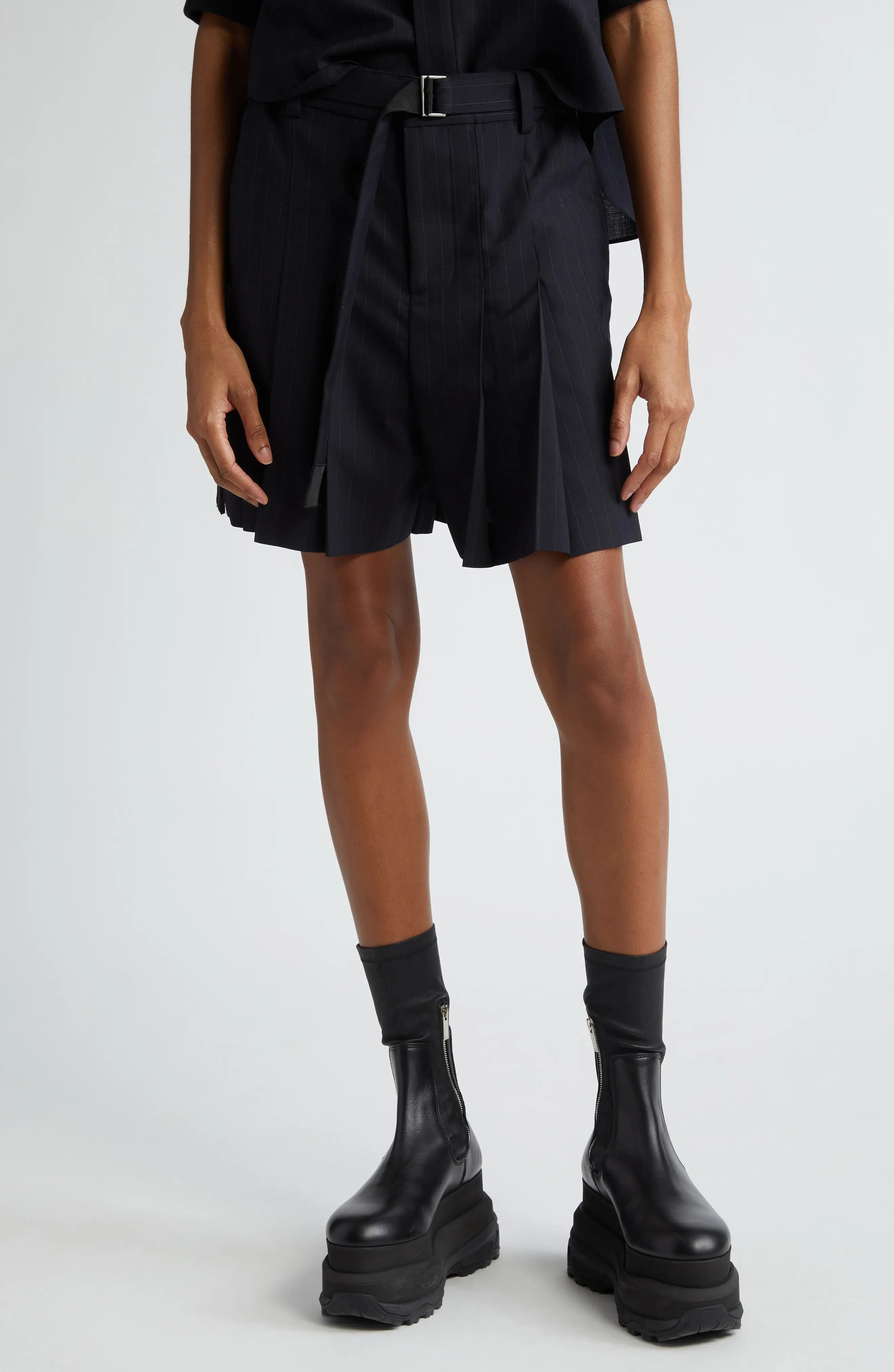 Pinstripe Belted Pleated Shorts - 1