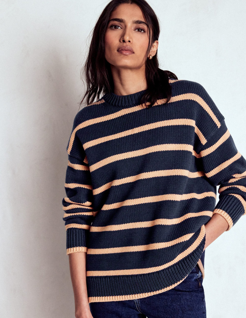 Lucy Oversized Cotton Jumper-Navy/ Camel Melange 5
