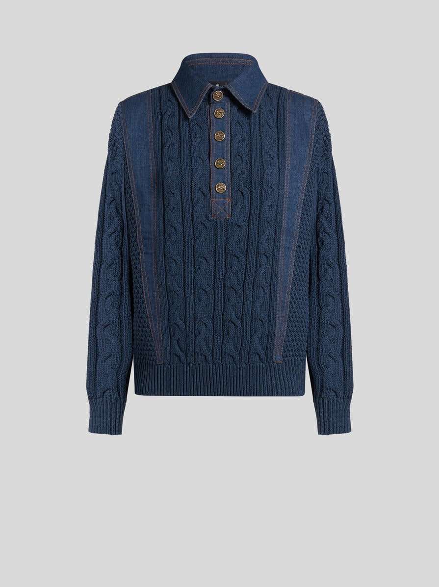 KNIT POLO SHIRT WITH DENIM INSERTS - 1