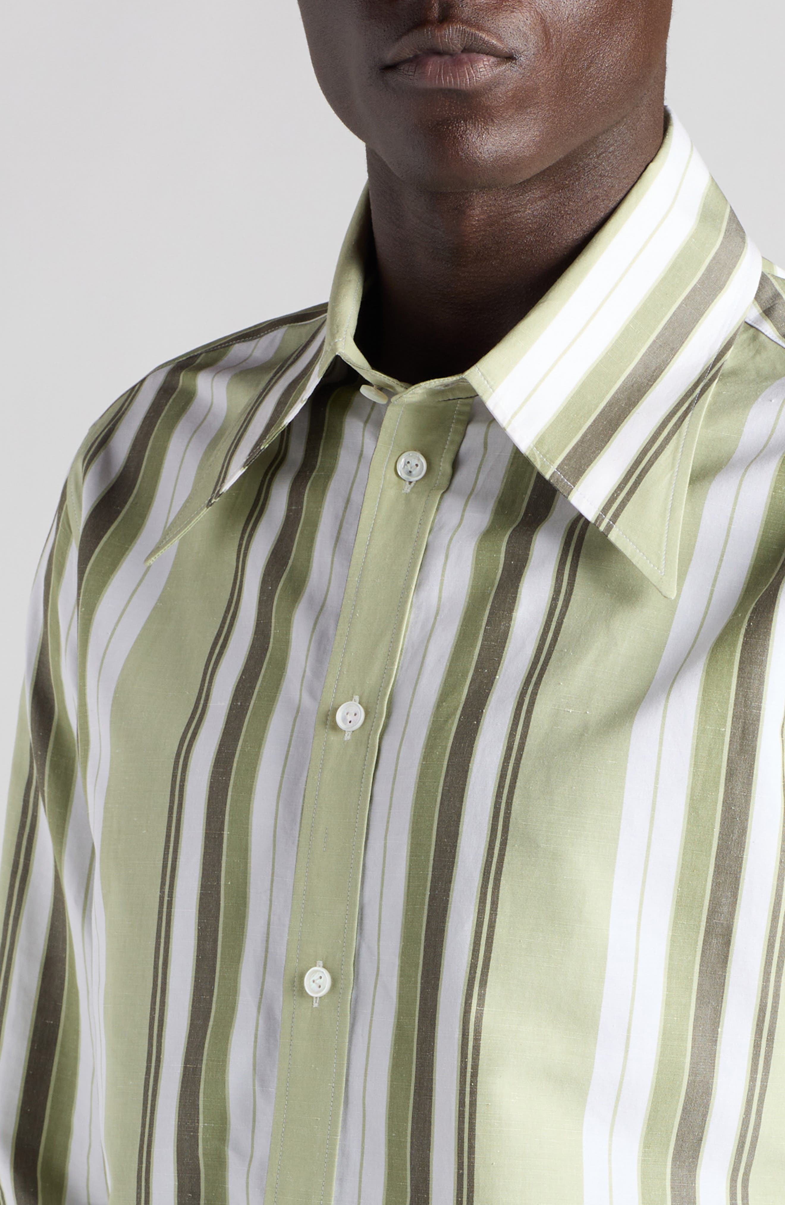 Bottega Veneta Stripe Cotton & Linen Button-Up Shirt in Pale Green/White at Nordstrom - 5