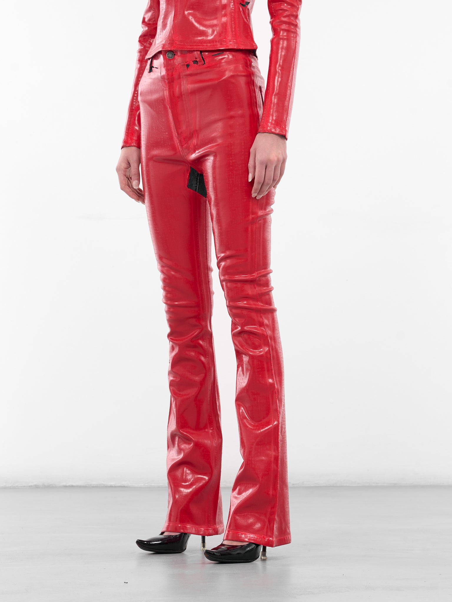 Red Latex Slim Trousers - 2