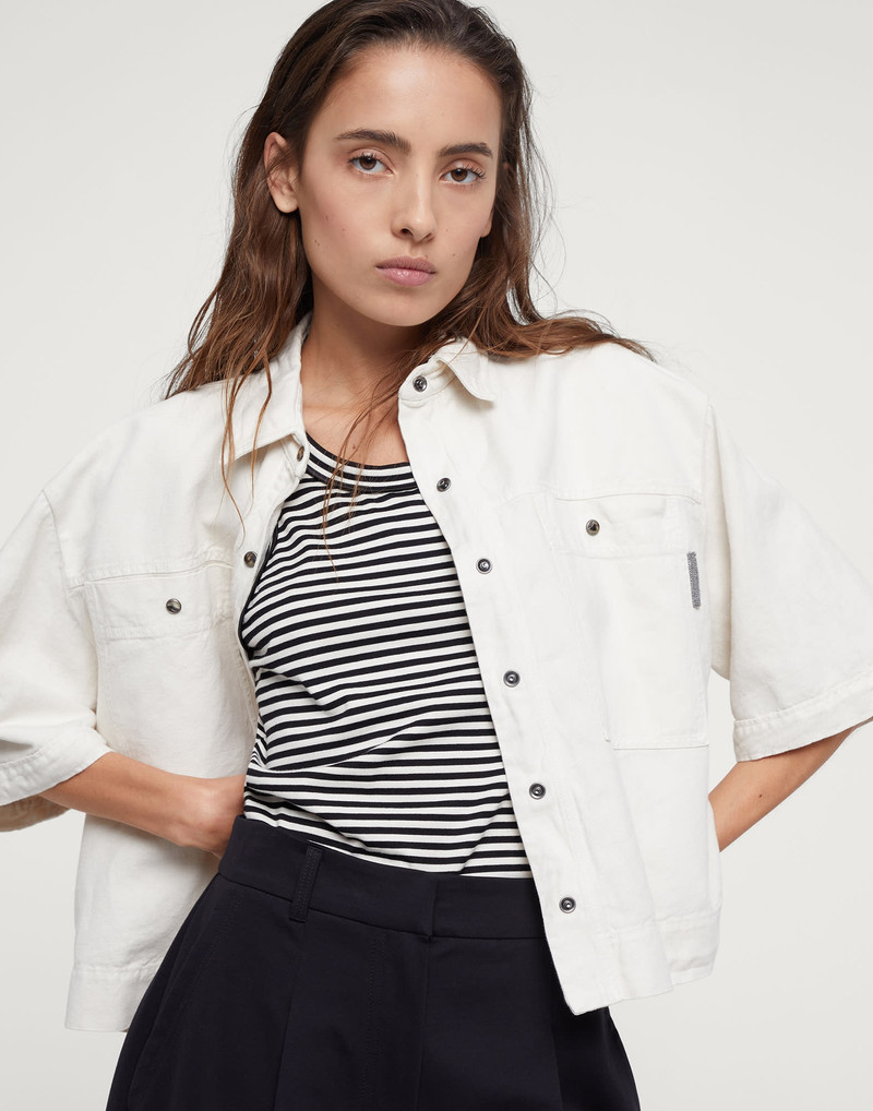 Garment-dyed shirt in cotton and linen cover with shiny tab 4