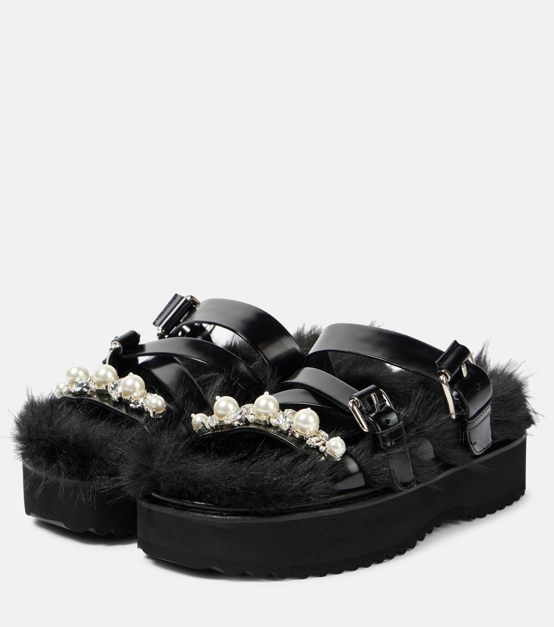 Faux fur-trimmed leather platform sandals - 4