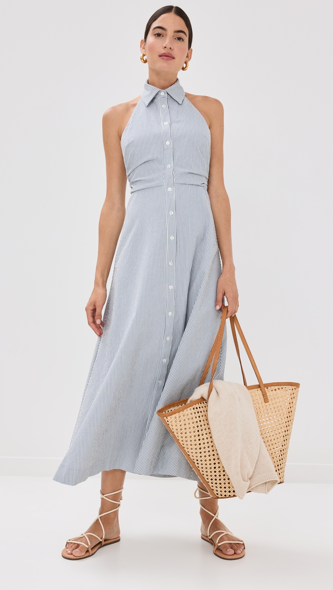 VERONICA BEARD Mackey striped cotton-blend seersucker halterneck midi dress  - 2405CO2621053 | REVERSIBLE