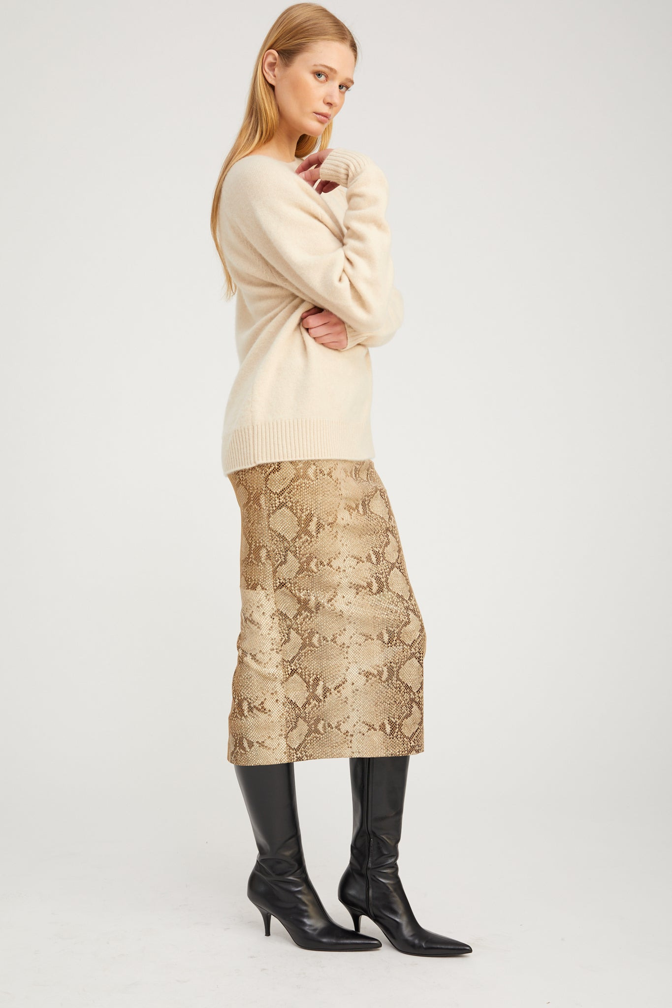 BEIGE PYTHON LEATHER TUBE SKIRT - 4