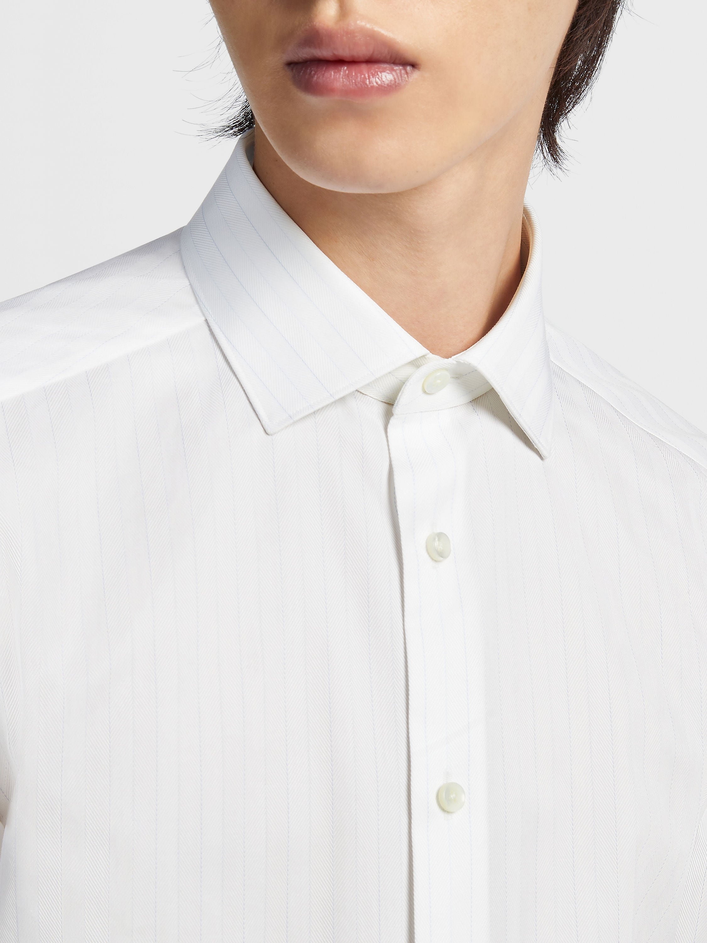 WHITE NAVY BLUE AND LIGHT BLUE TRECAPI COTTON STRUCTURED STRIPED SHIRT - 3