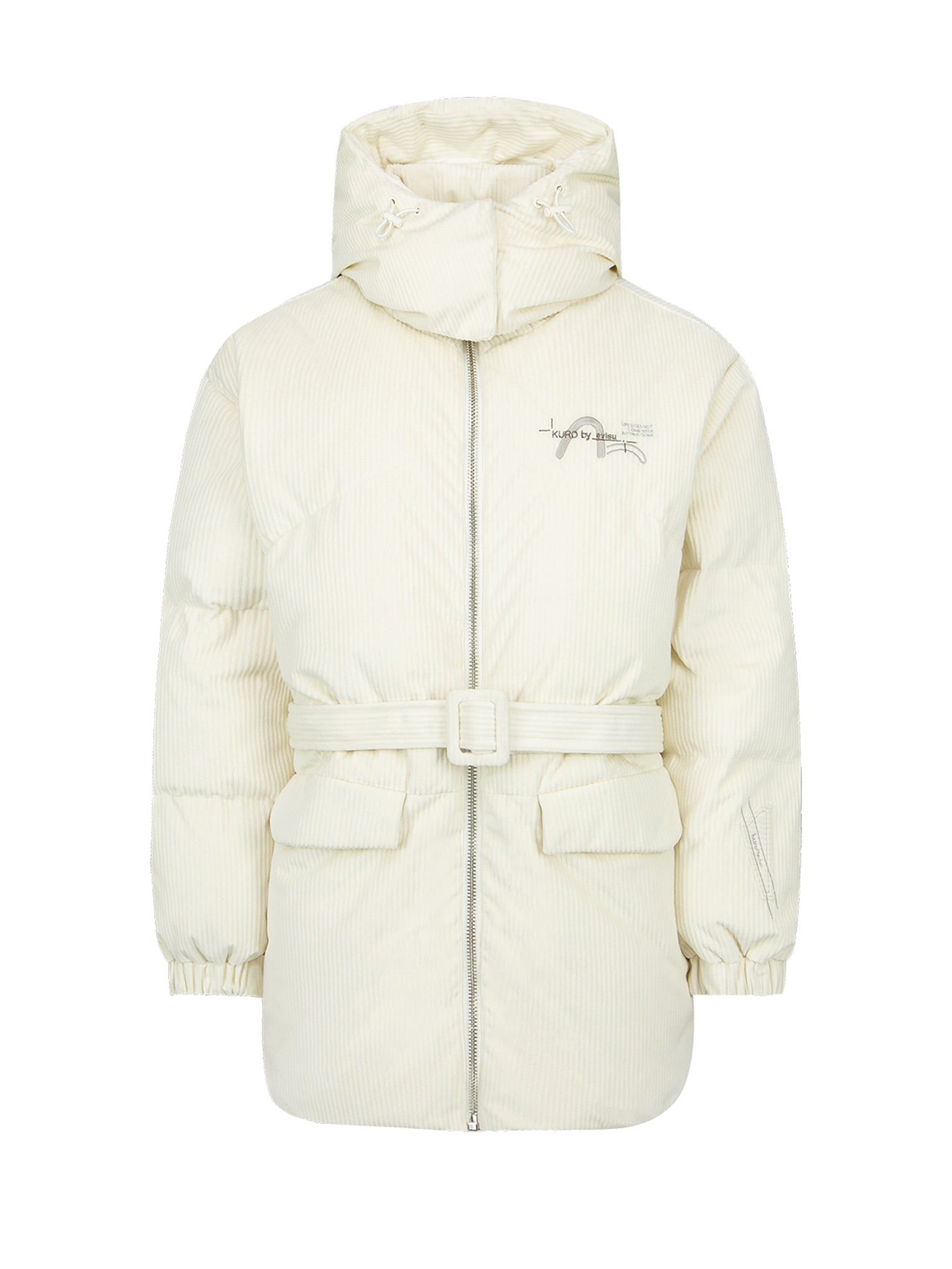 Seagull Embroidery Corduroy Belted Down Jacket - 11