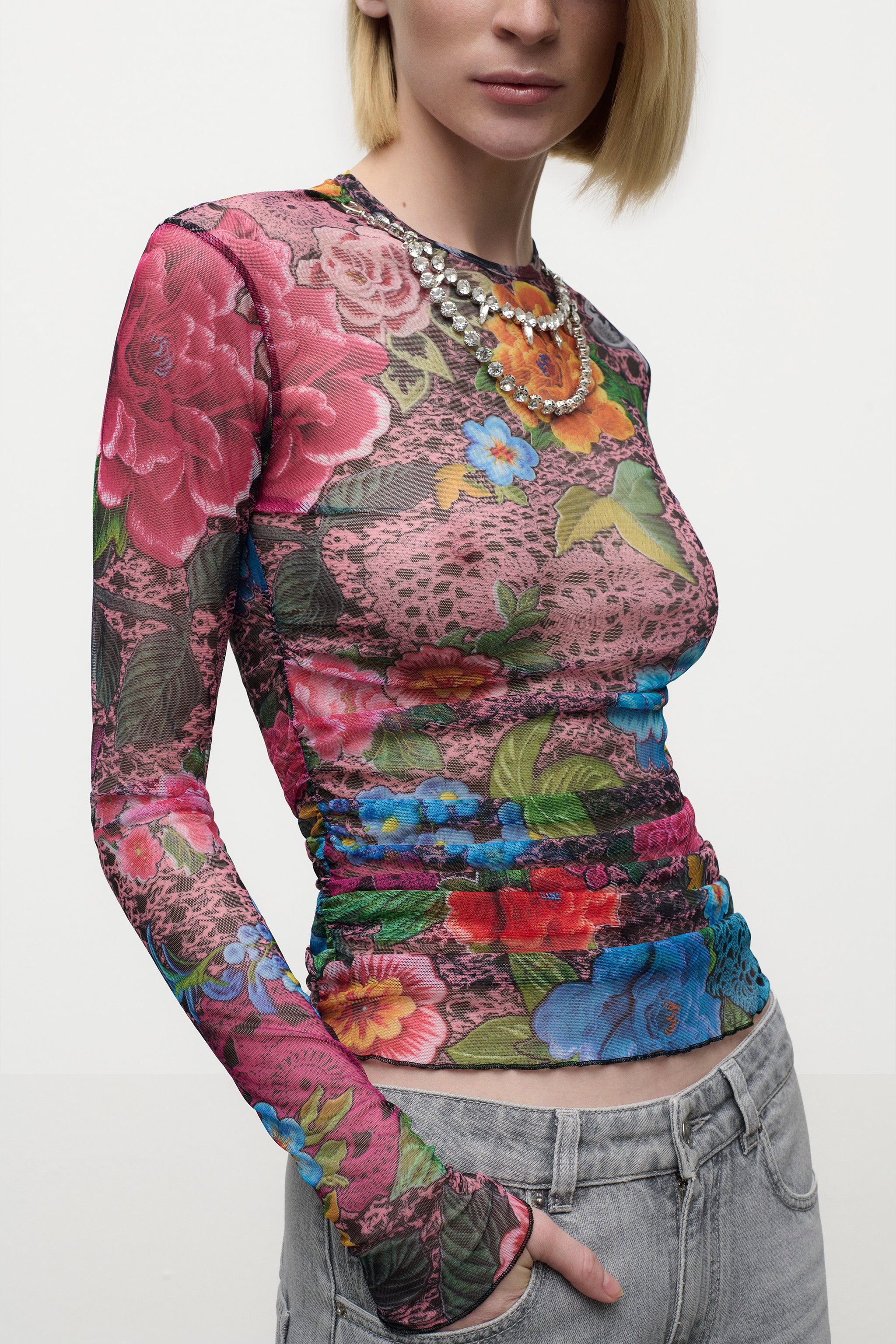 CRYSTAL EMBELLISHED PRINTED TULLE LONG SLEEVE TOP - 5