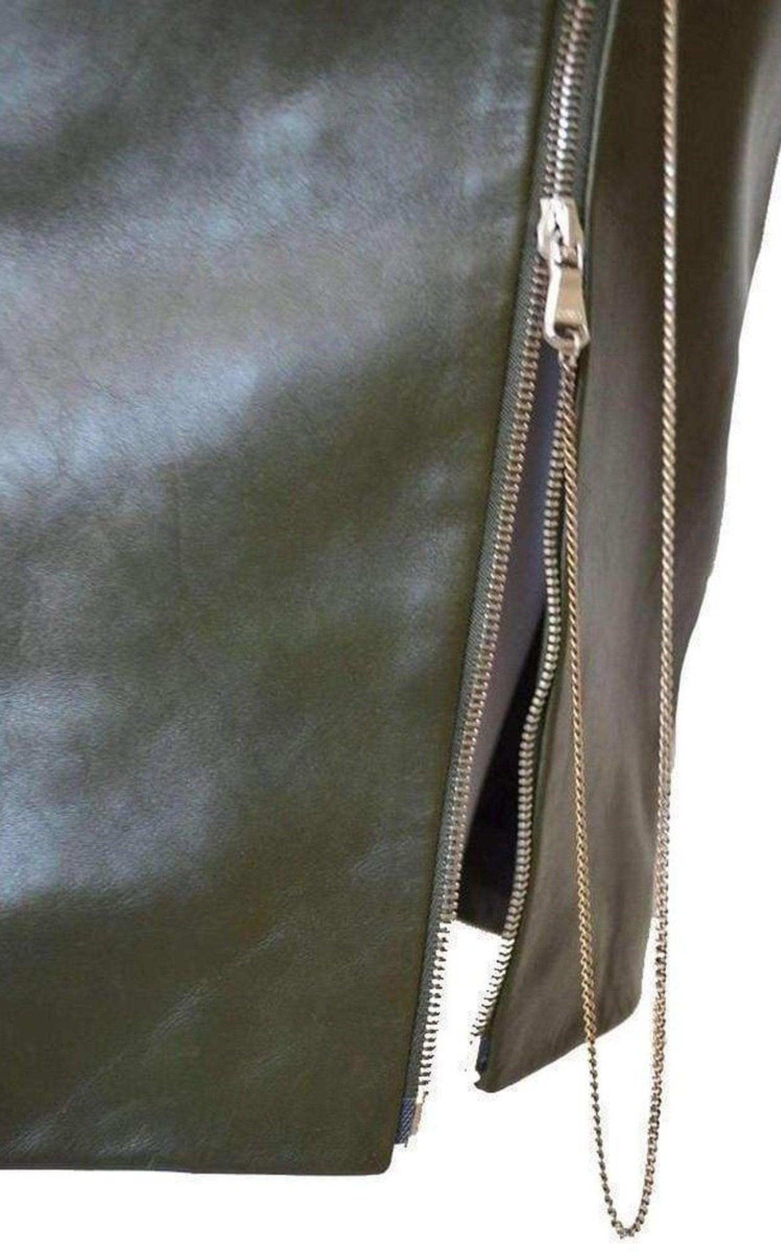 Dark Olive Green Front Zipper Leather Skirt - 5
