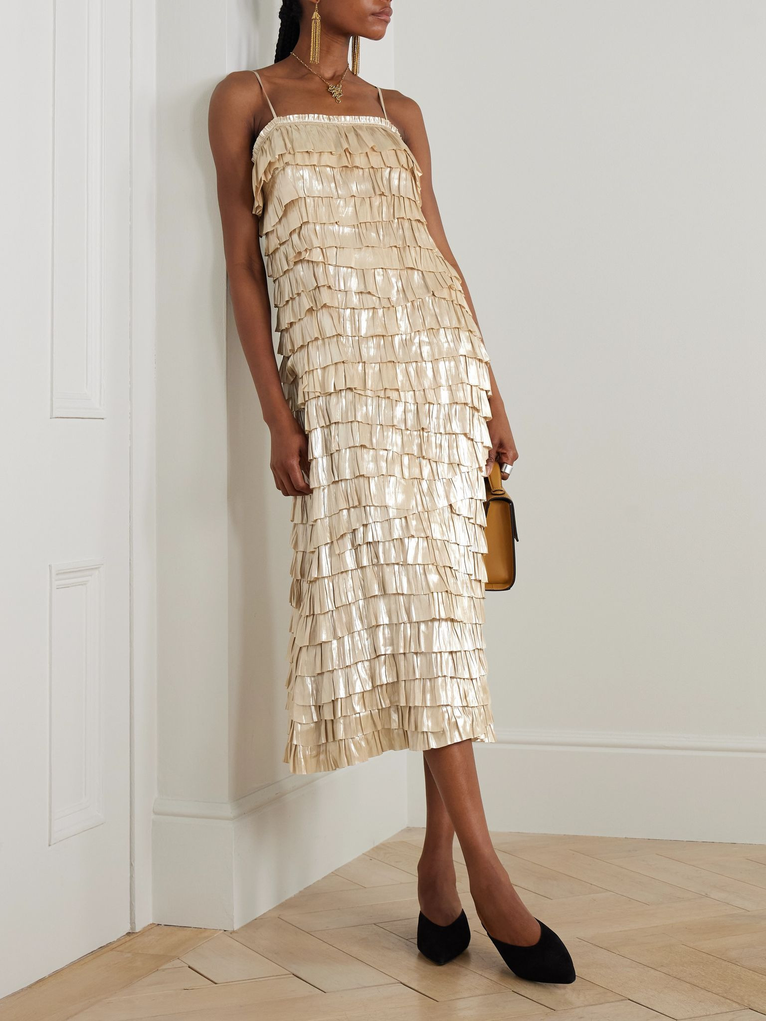 Samara tiered metallic recycled plissé-satin midi dress Gold - 2