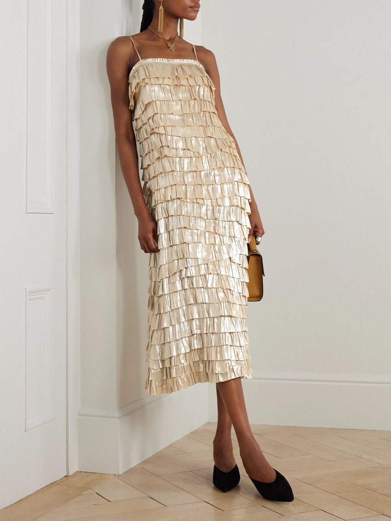 ULLA JOHNSON Samara tiered metallic recycled plissé-satin midi dress Gold outlook