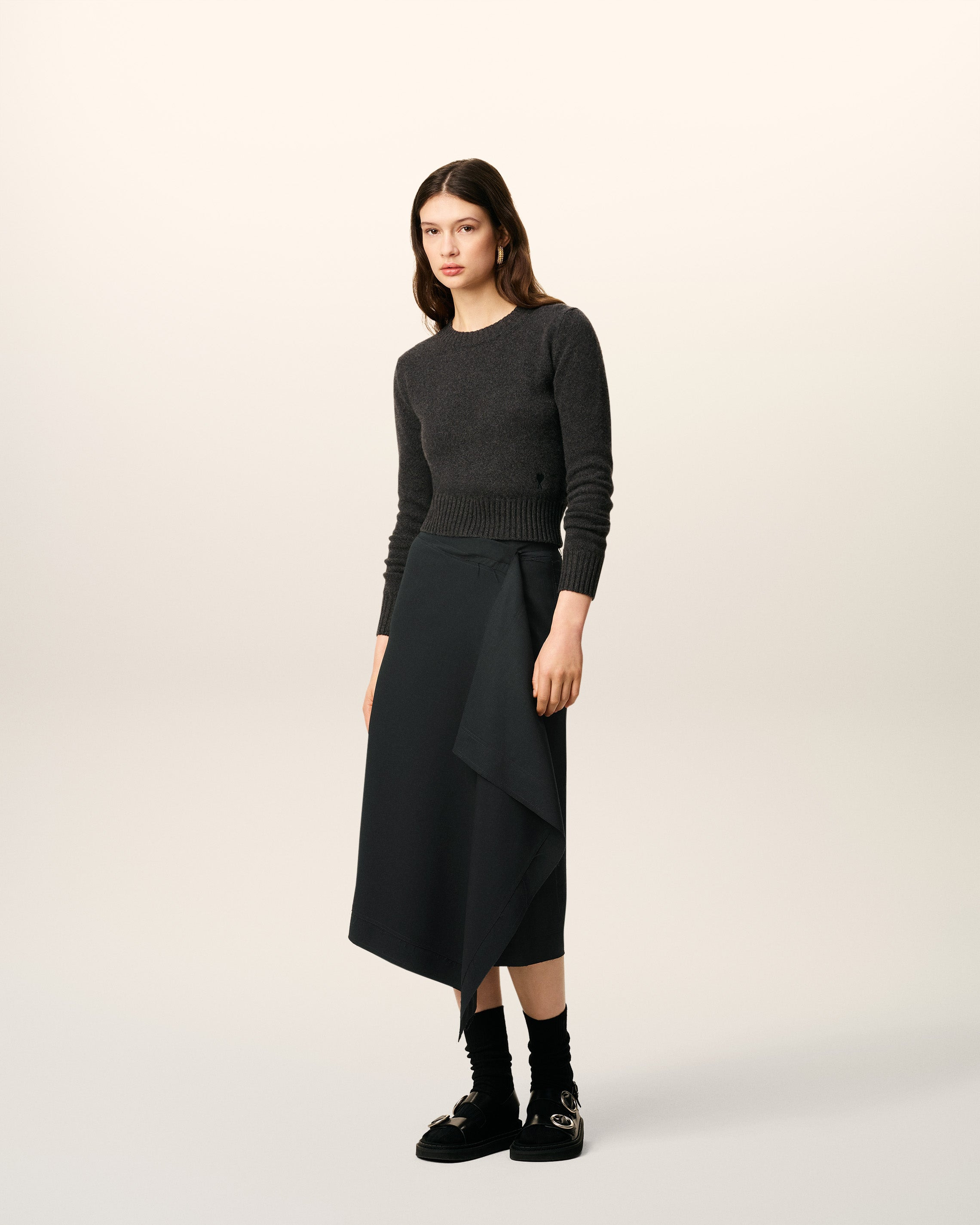 BLACK WOOL MIDI WRAPPED  SKIRT - 7