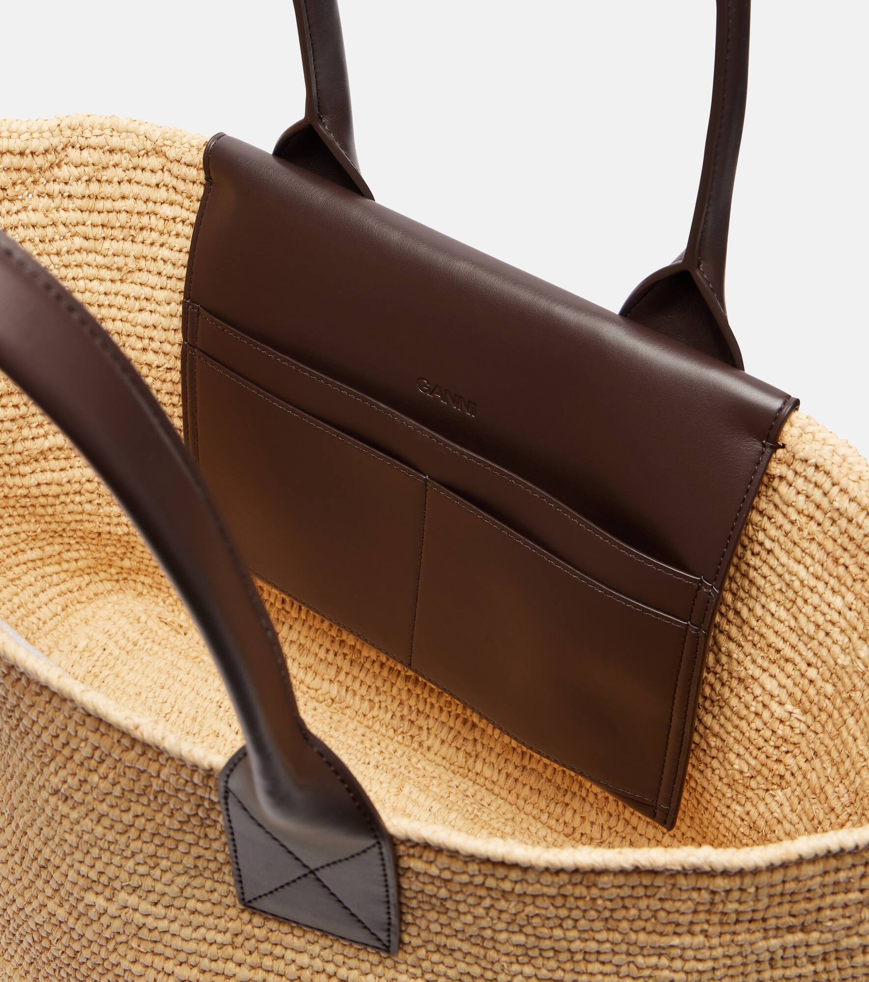 Faux leather-trimmed raffia tote bag - 3