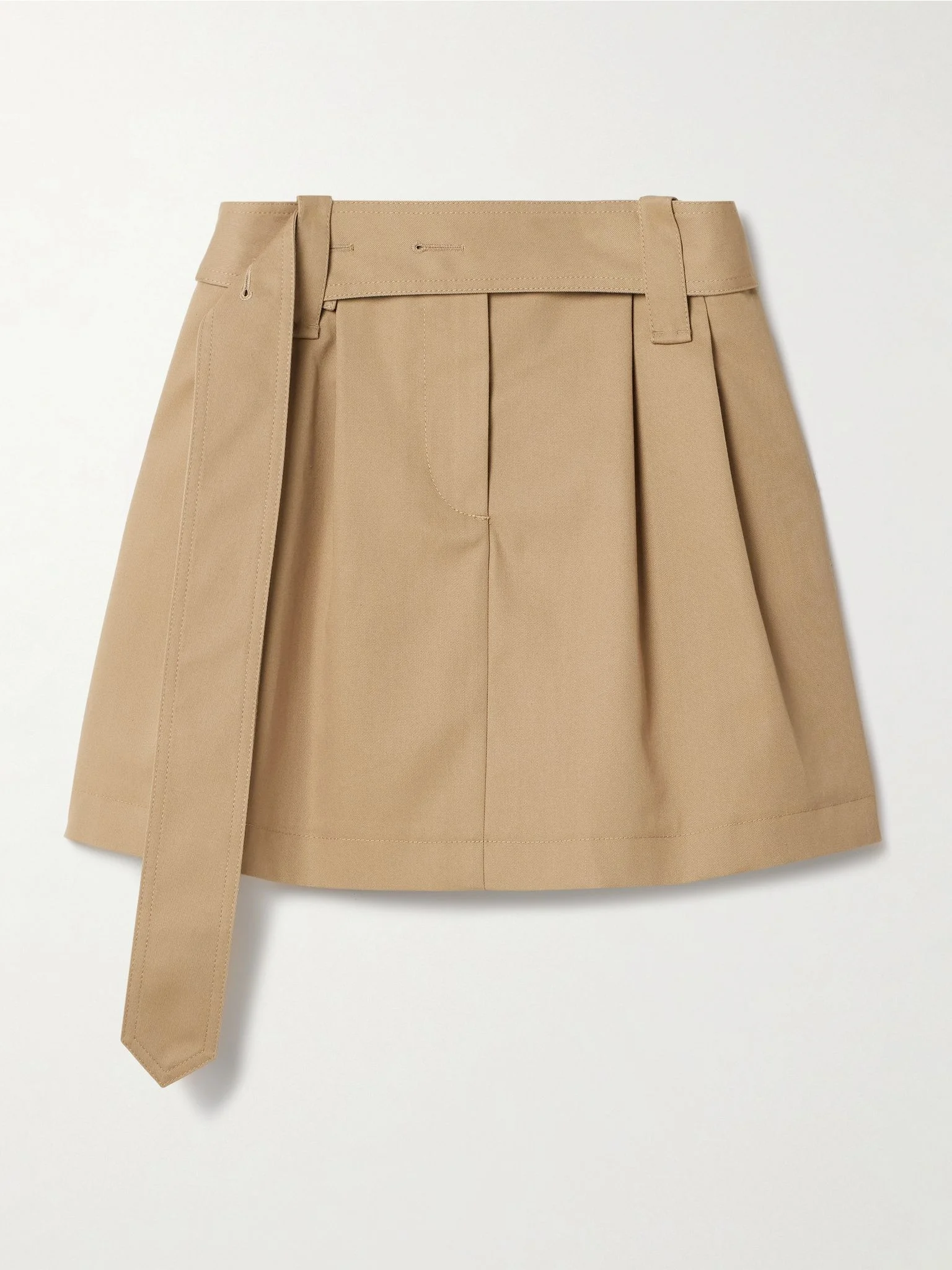 Belted pleated twill mini skirt Brown - 1