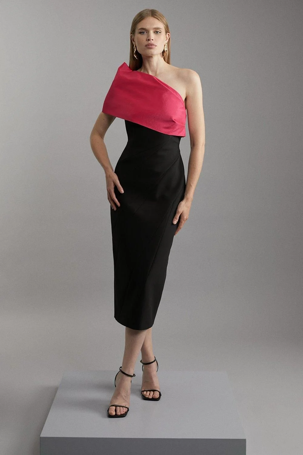 Tall Clean Tailored Taffeta One Shoulder Panel Midi Dress - 1