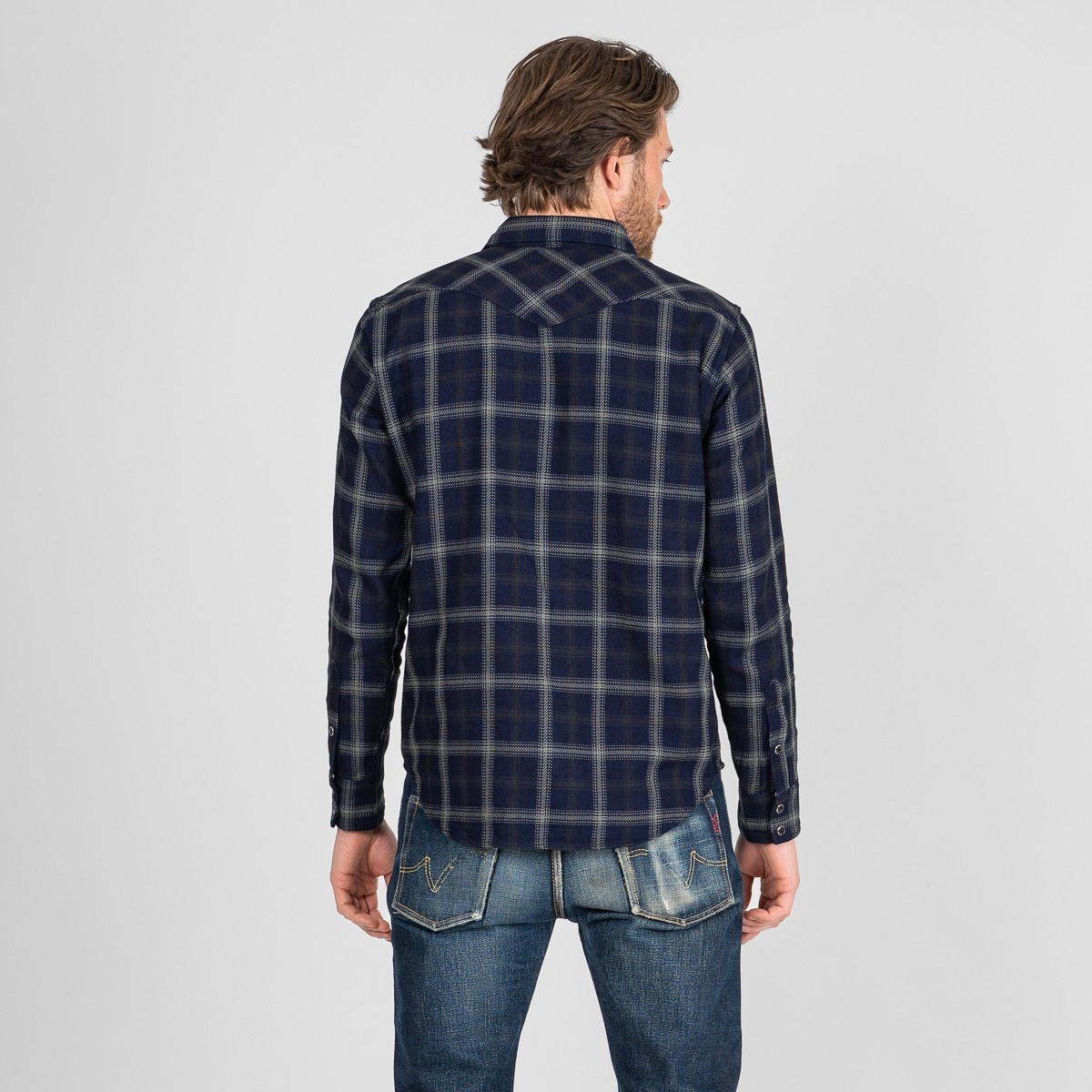 IHSH-411-BLK 9oz Selvedge Indigo Check Flannel Western Shirt - Black - 3