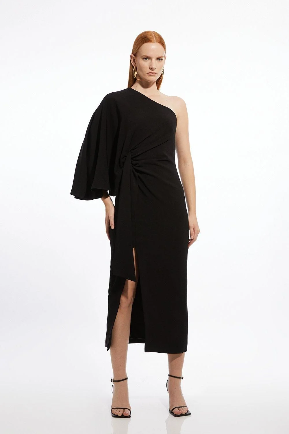 Compact Stretch Viscose Drape Sleeve One Shoulder Tailored Maxi Dress - 1