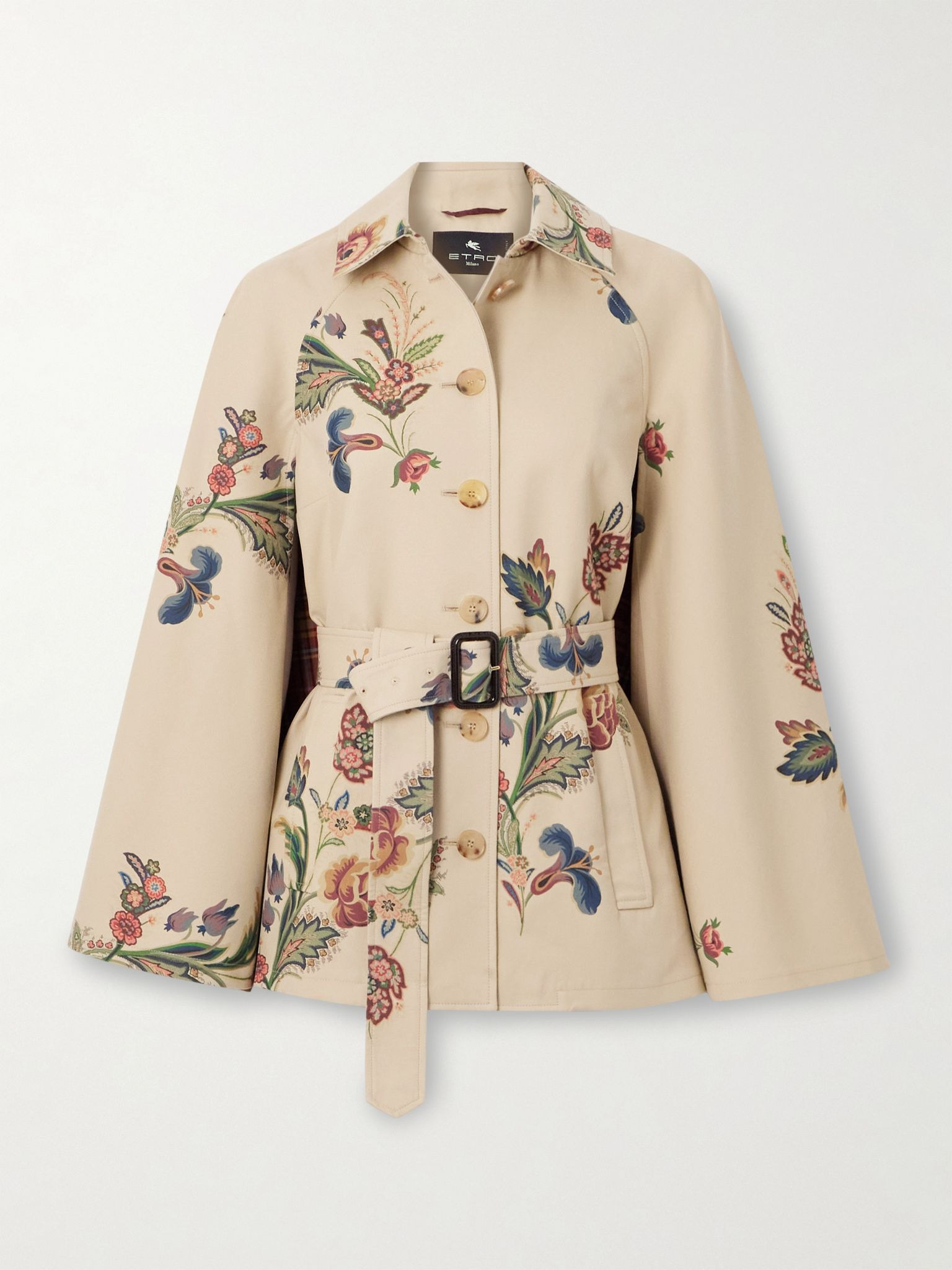 Cape-effect belted printed cotton-blend twill jacket Beige - 1