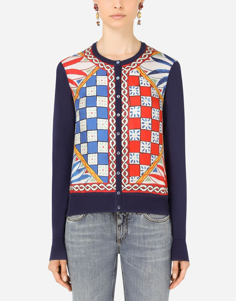 Carretto-print silk and twill cardigan 1