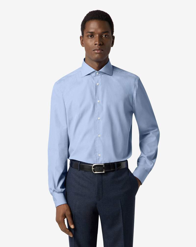 CORNELIANI Light Blue cotton twill shirt with white stripes outlook