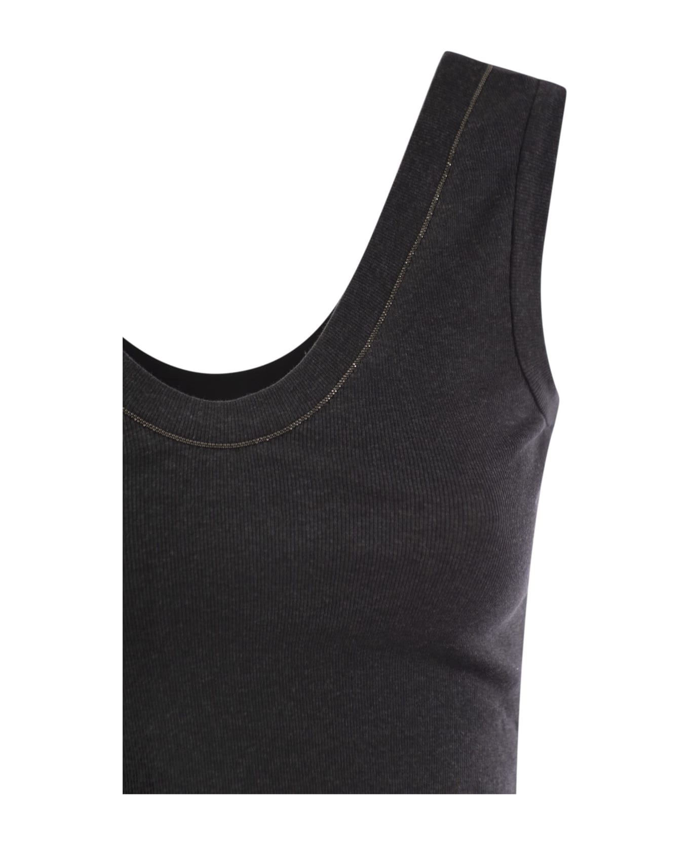 Ribbed Cotton Jersey Top With Shiny Neckline - 4