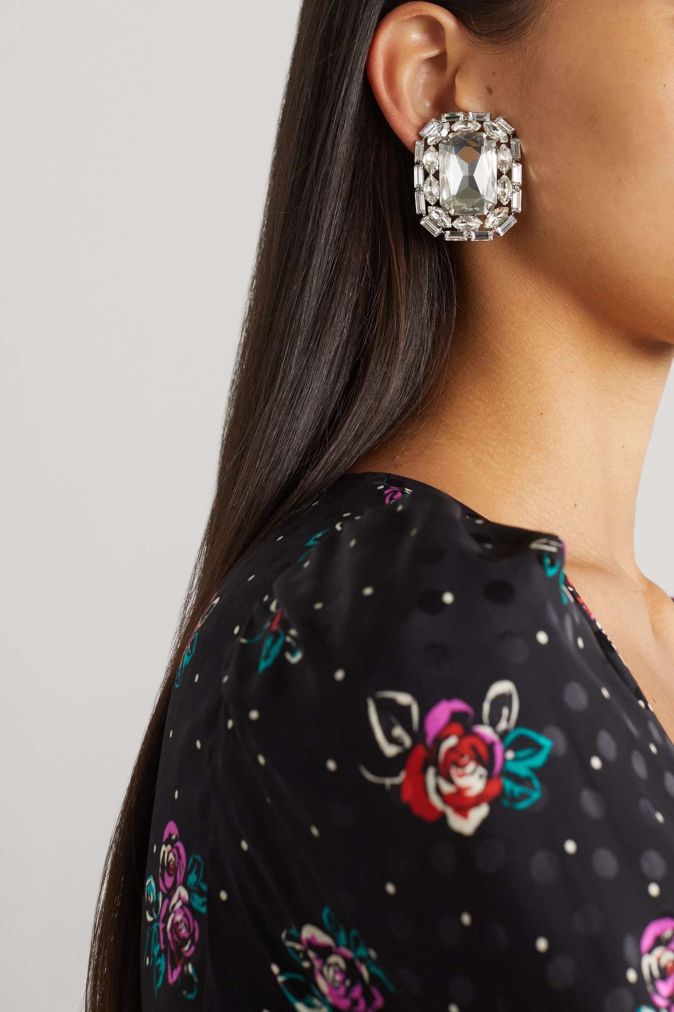 Oversized silver-tone crystal clip earrings - 2