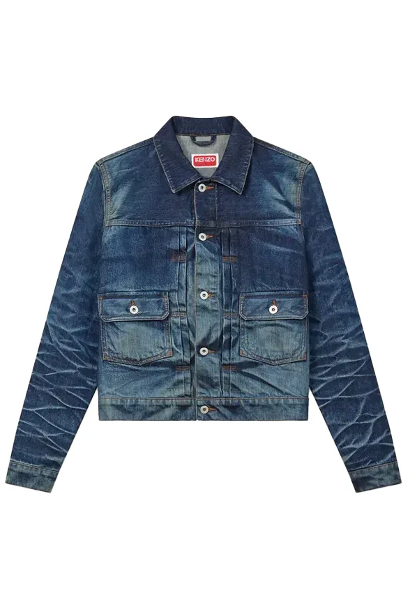 Kenzo Slim Pleated Trucker Jacket Stone Bl Dirty Blue Denim - 1