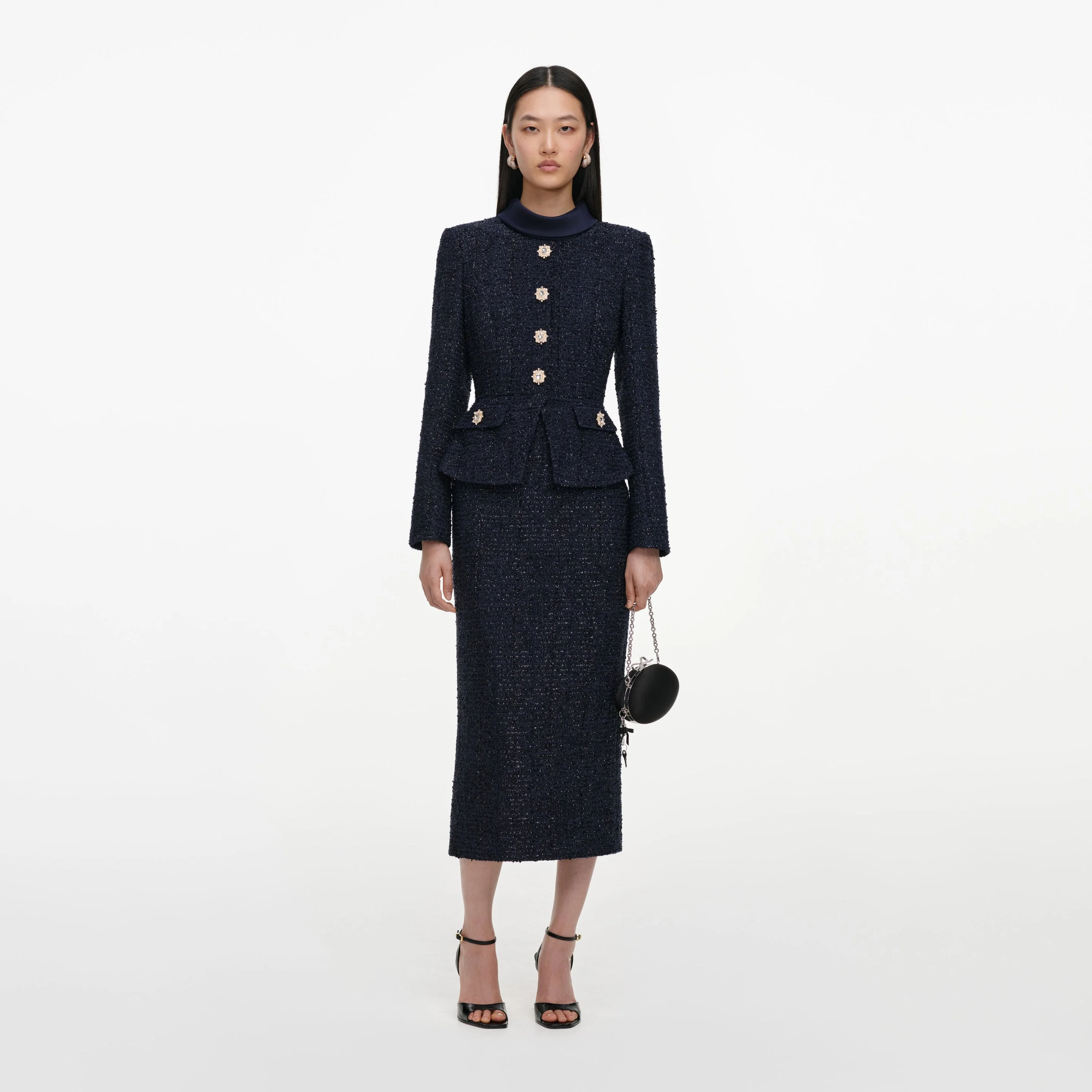 Navy Boucle Tailored Midi Dress - 1