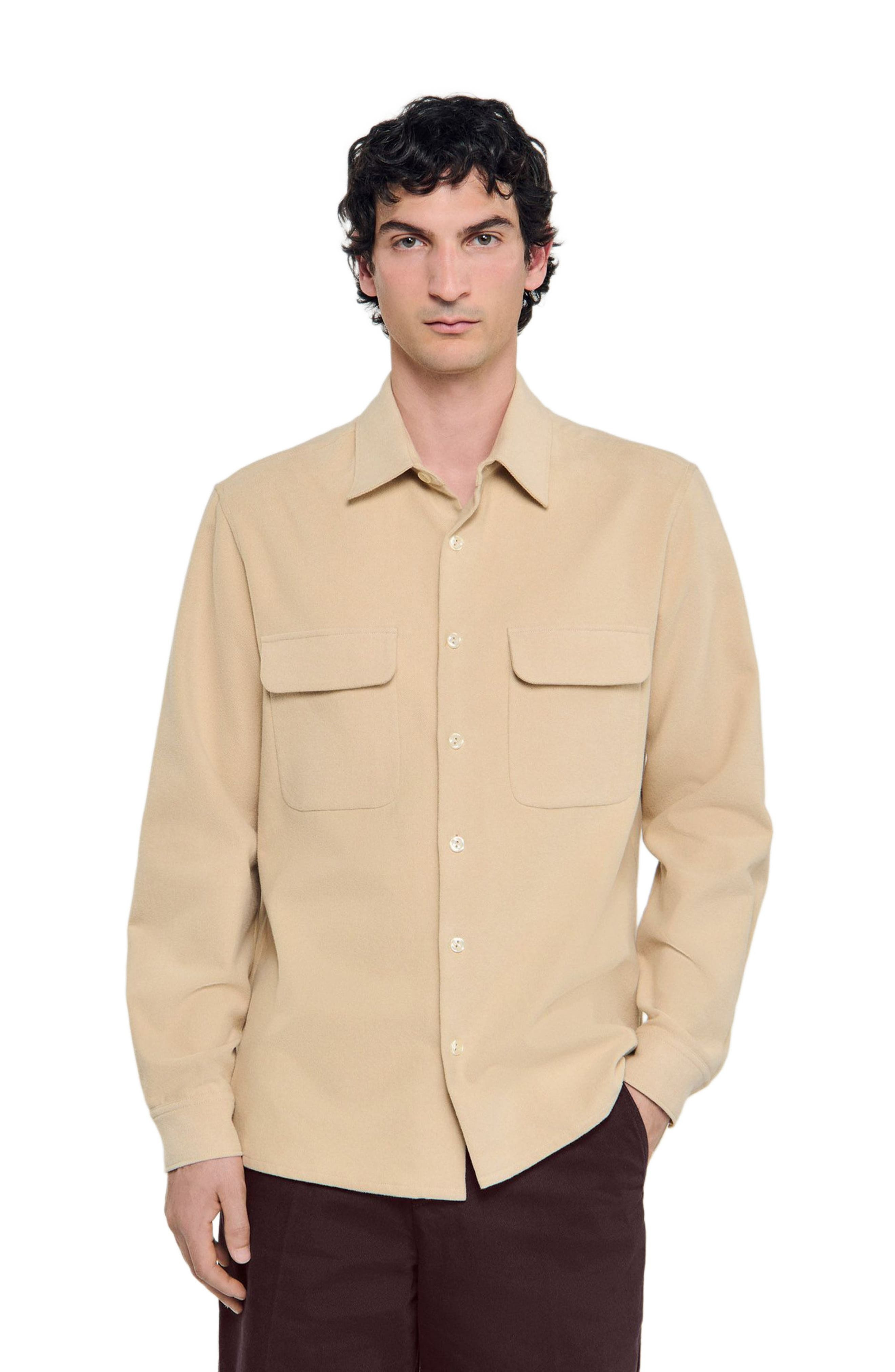 SANDRO Flap pocket flannel shirt in Beige at Nordstrom - 3