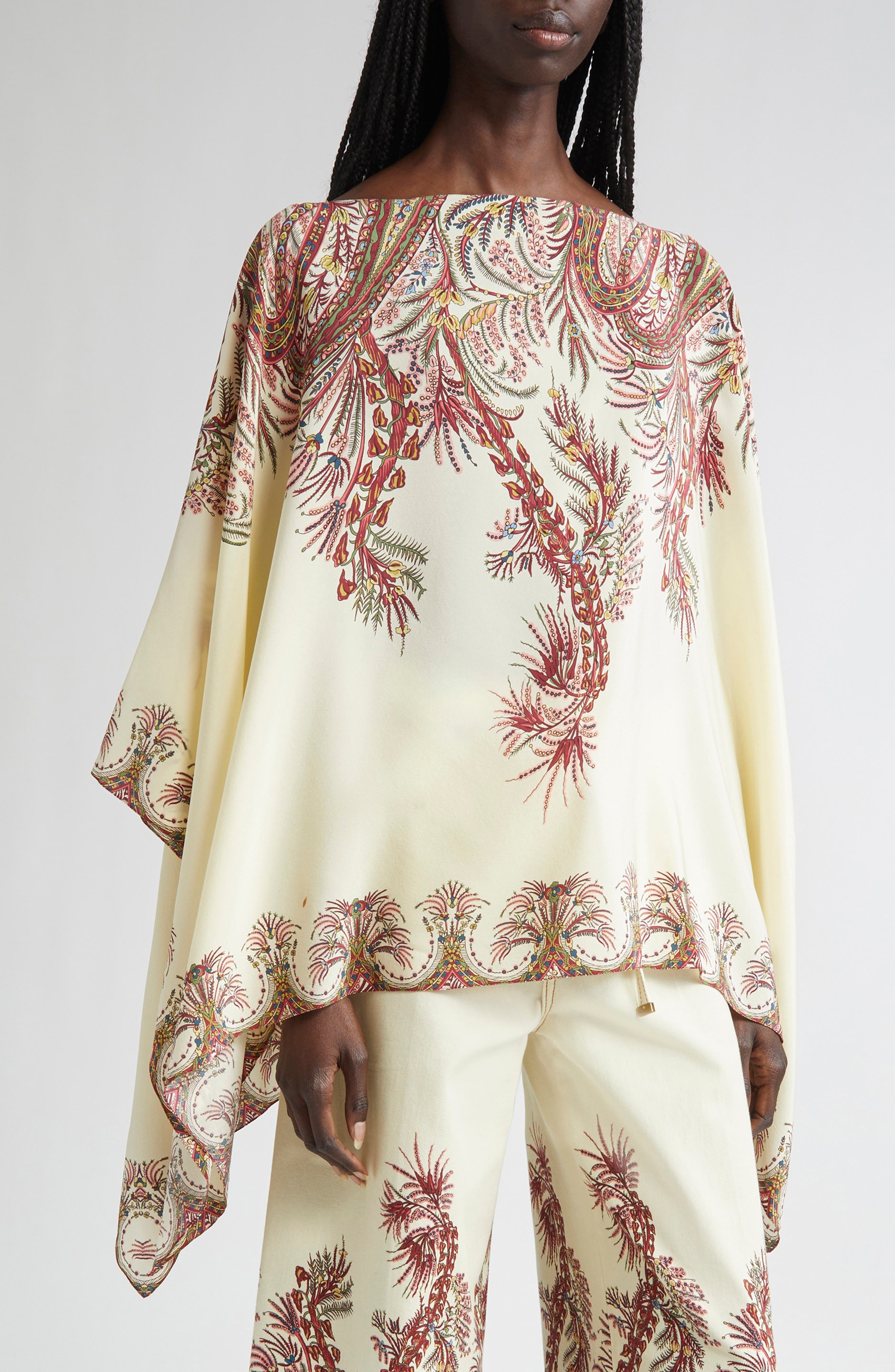 Etro Paisley Border Silk Poncho Top in Stampa F.do Bianco at Nordstrom - 1