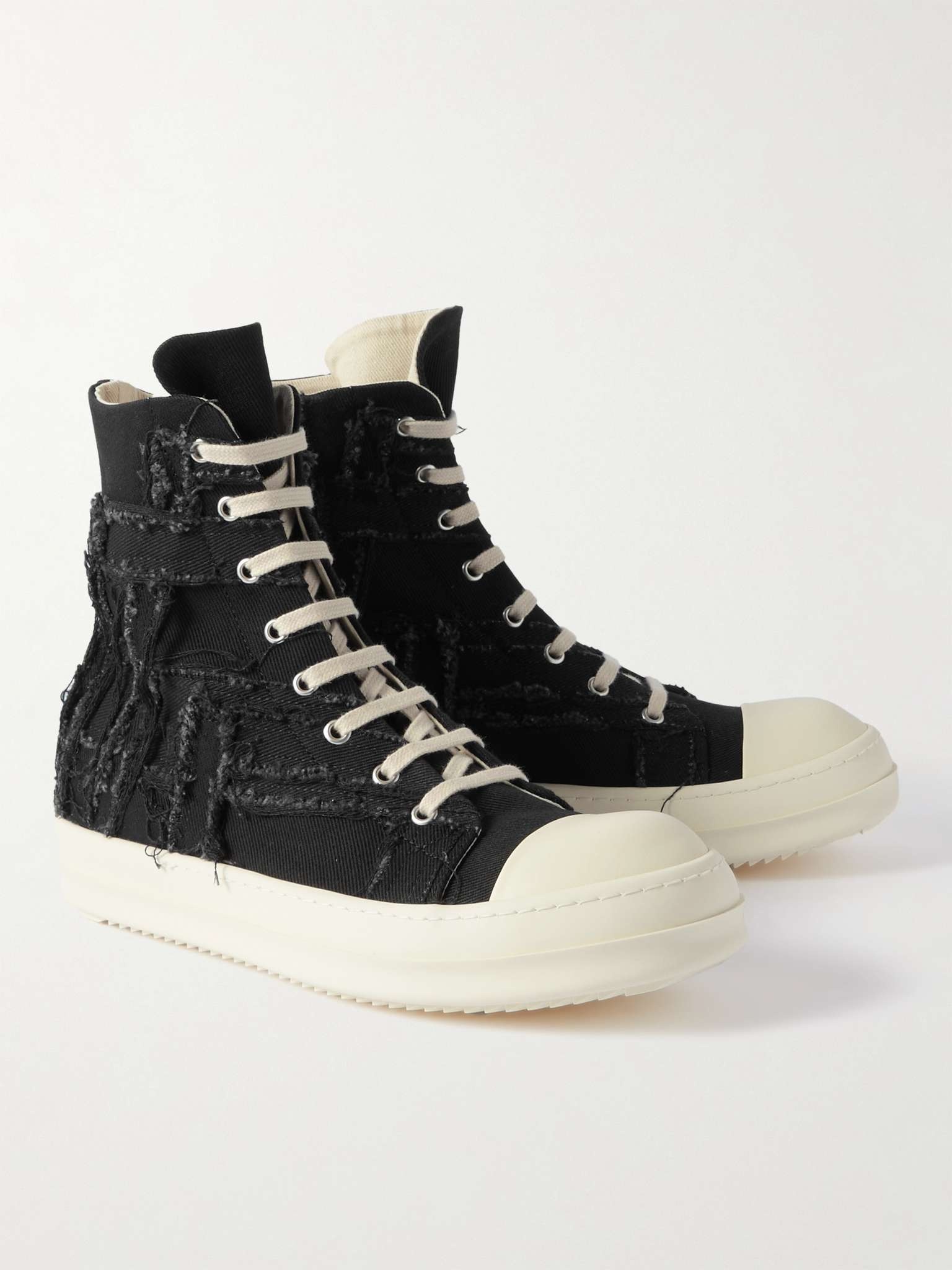 Rick Owens DRKSHDW Distressed Denim High-Top Sneakers | REVERSIBLE