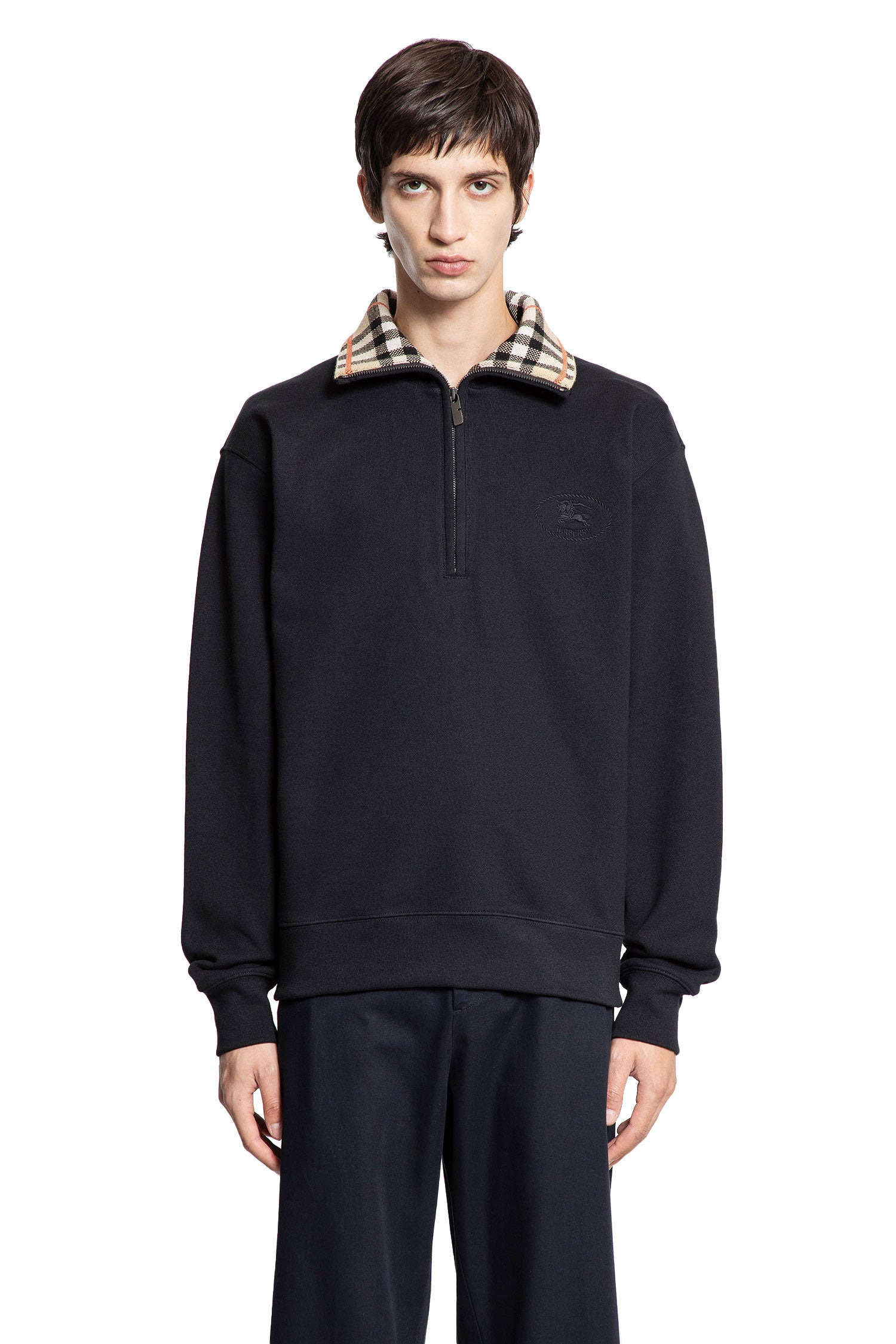 Check-Collar-Cotton-Half-Zip-Sweatshirt - 1