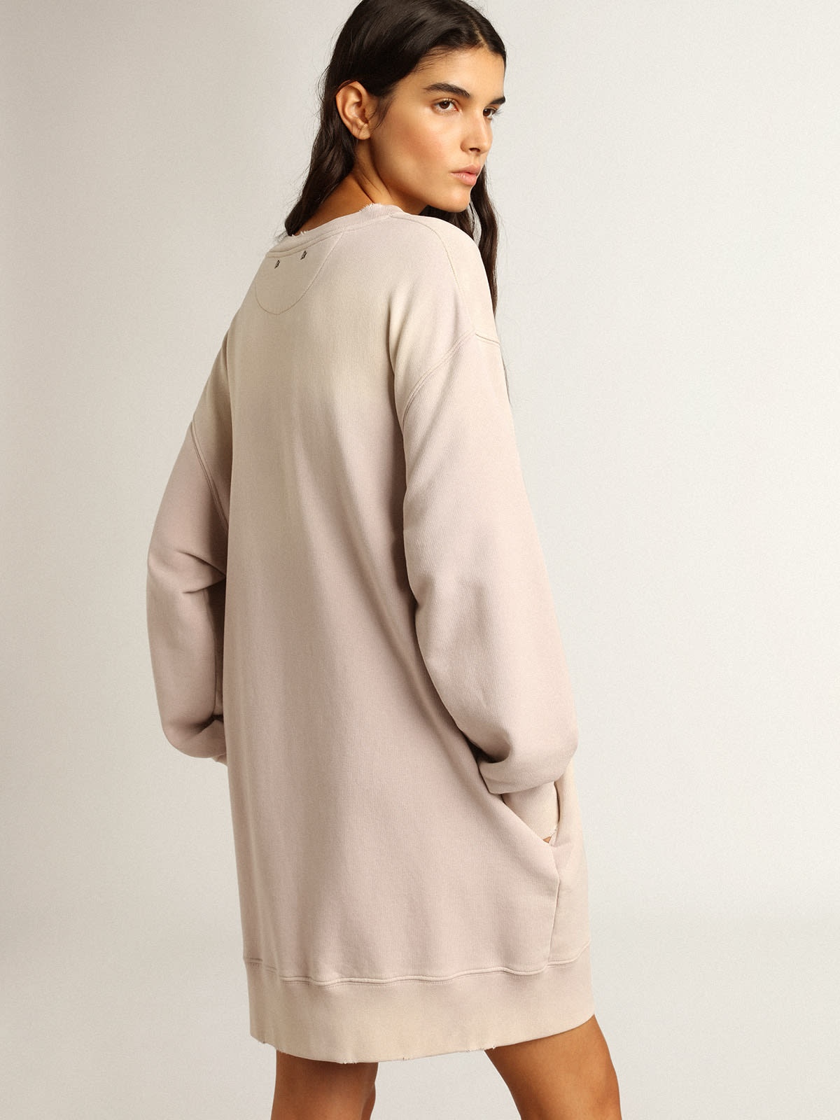 White sweatshirt dress with hood and Golden patch