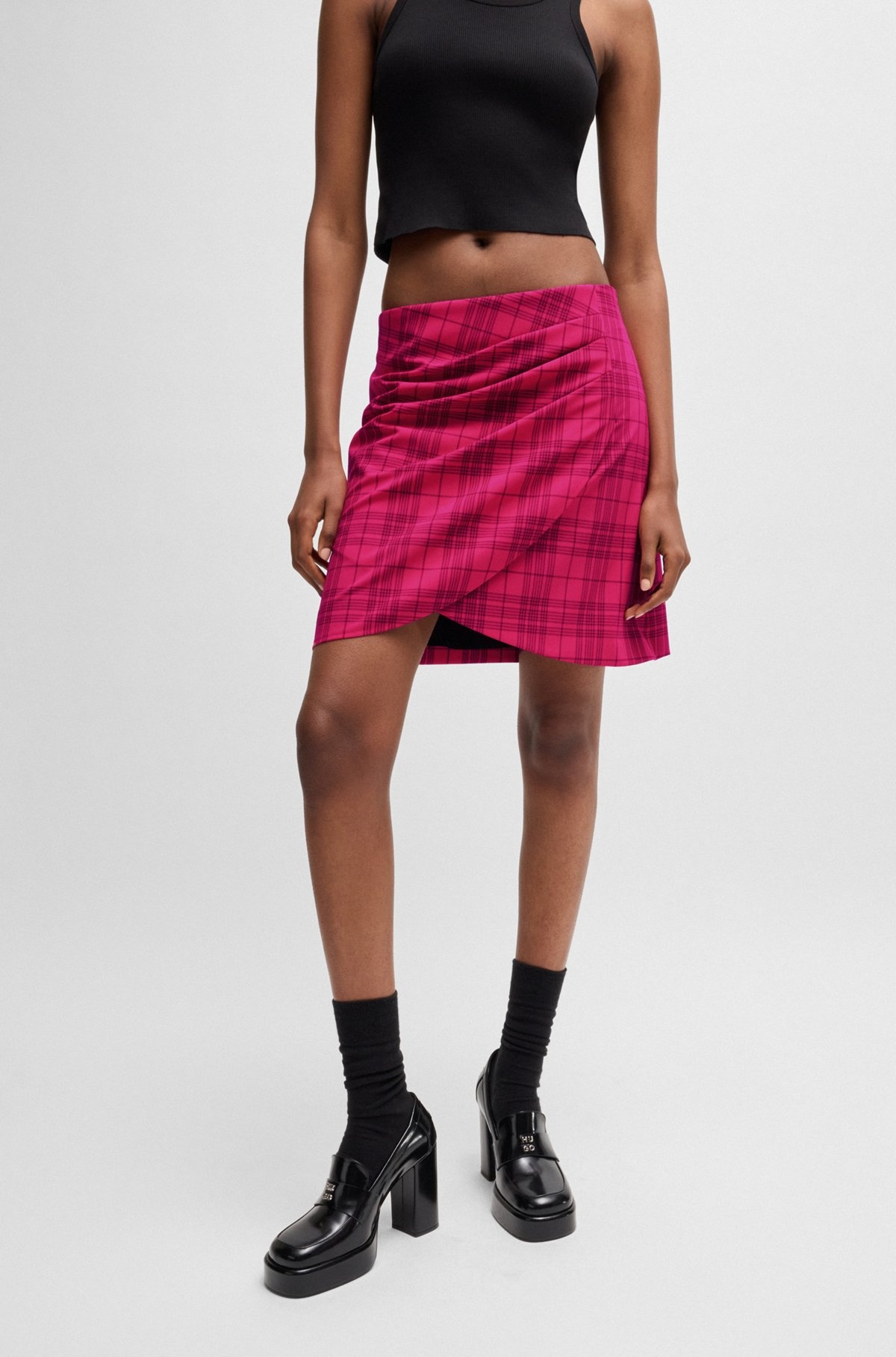WRAP-FRONT MINI SKIRT IN CHECKED STRETCH MATERIAL - 2