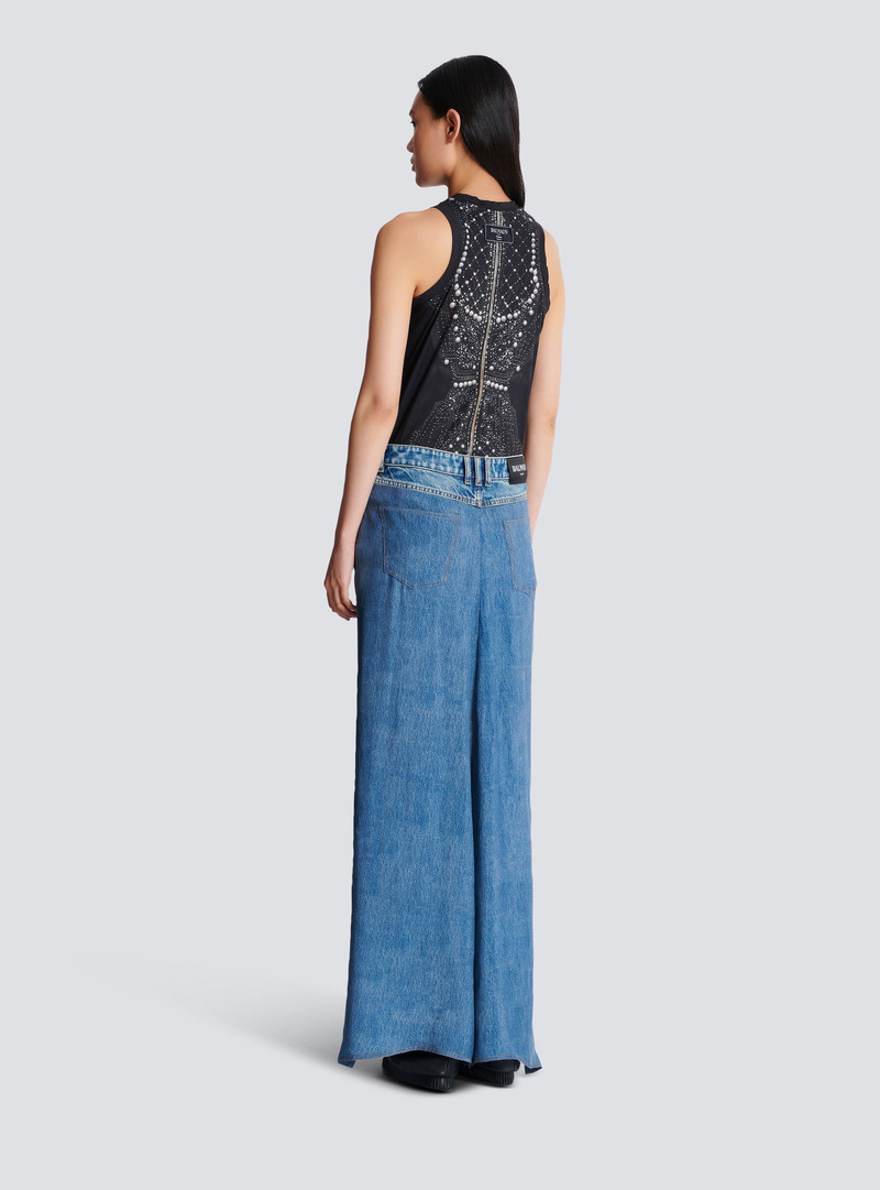Denim jeans with draped skirt 4