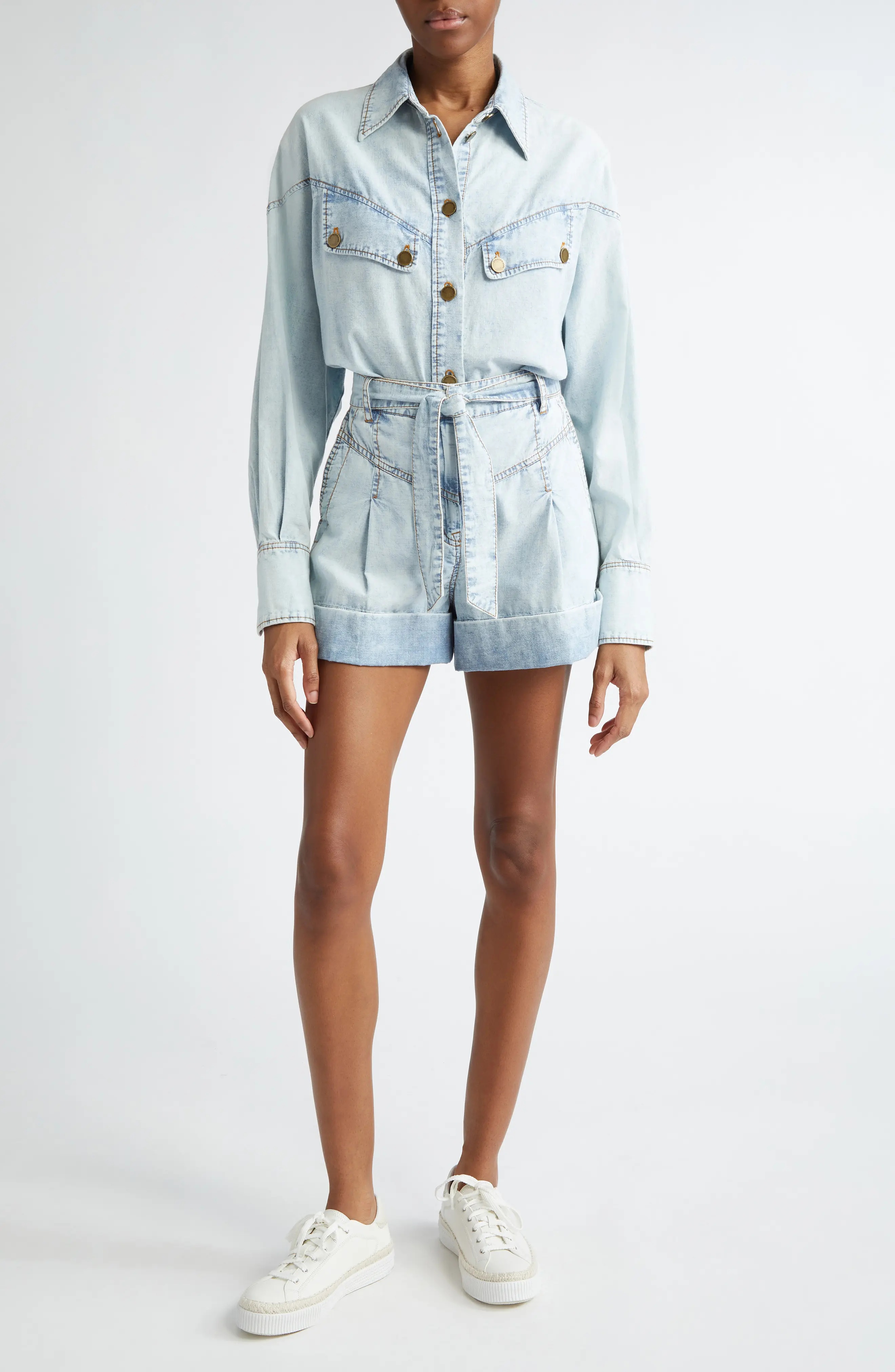 Belted Pleated Denim Shorts - 2
