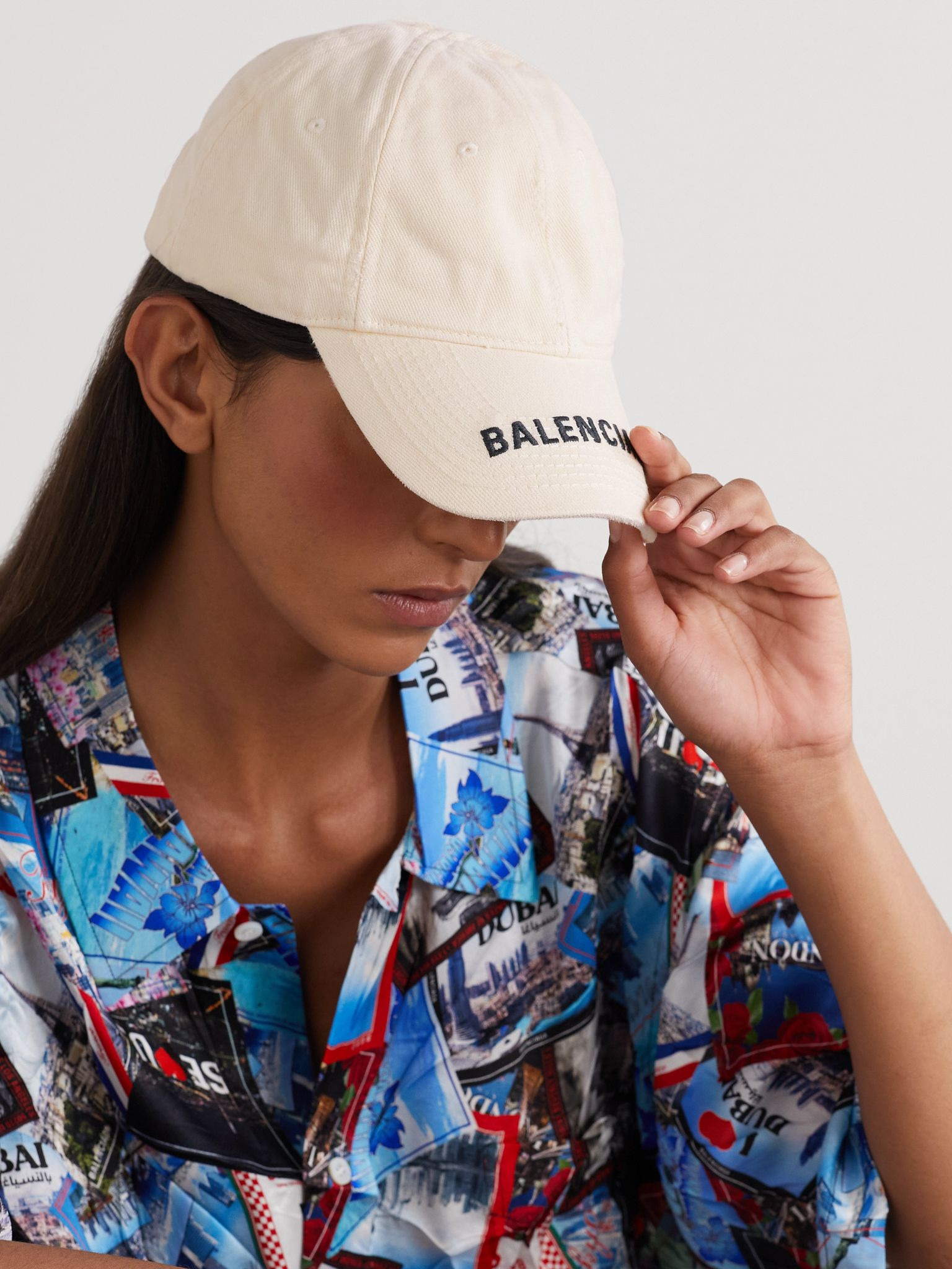 Embroidered distressed cotton-twill baseball cap White - 2