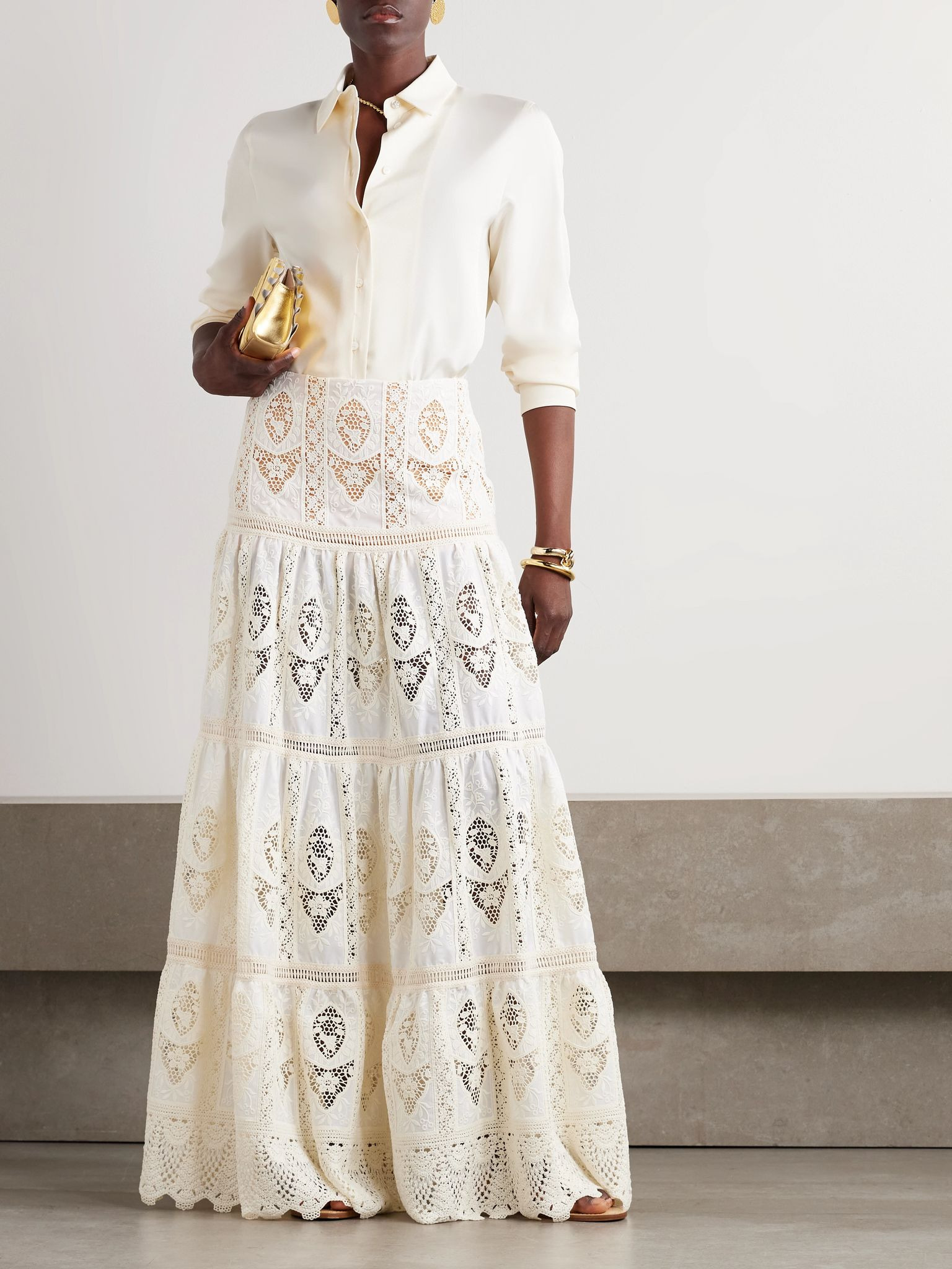 Highlighted Fields tiered lace-trimmed embroidered voile maxi skirt White - 2