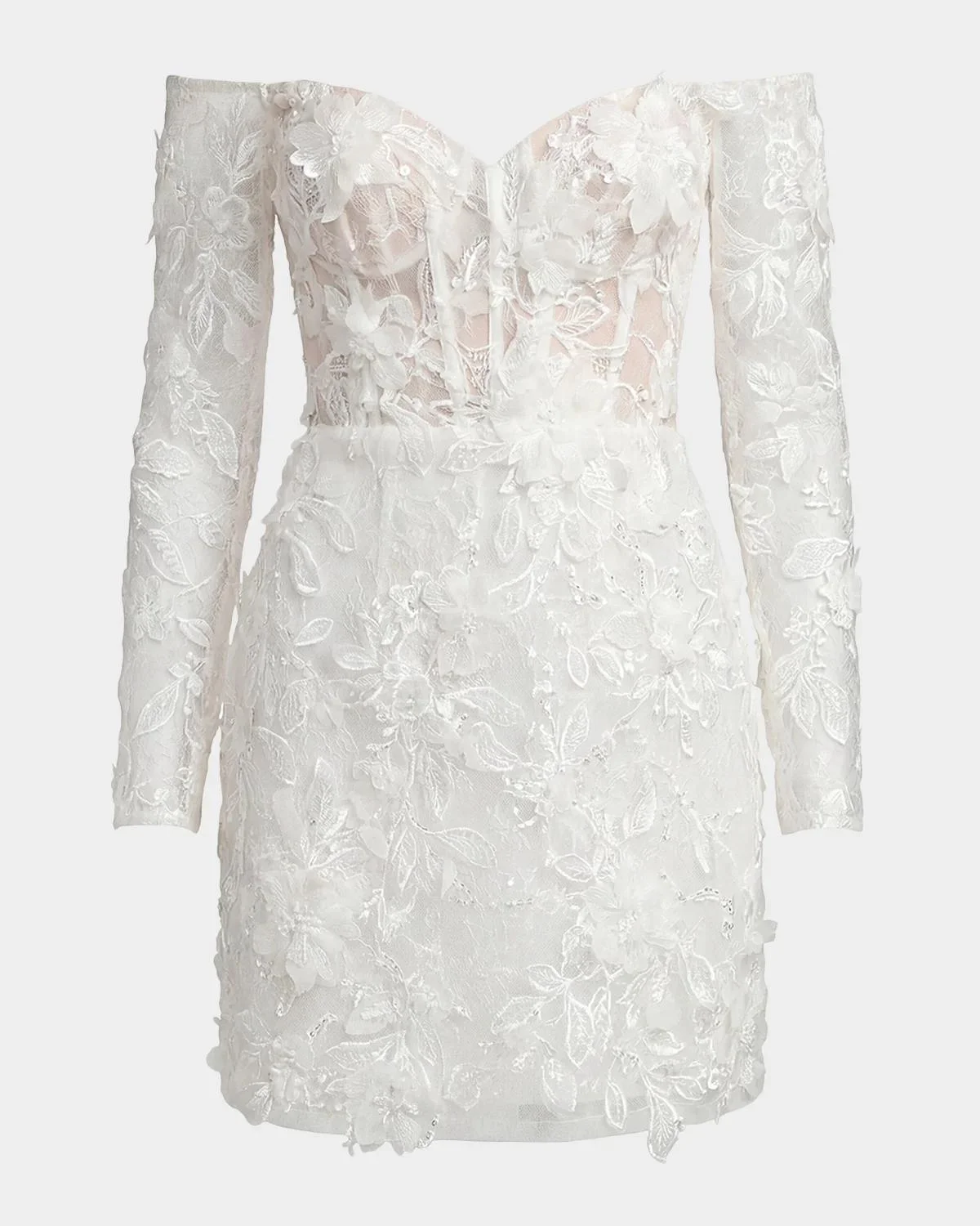 Lace Off-the-Shoulder Long-Sleeve Mini Dress - 1