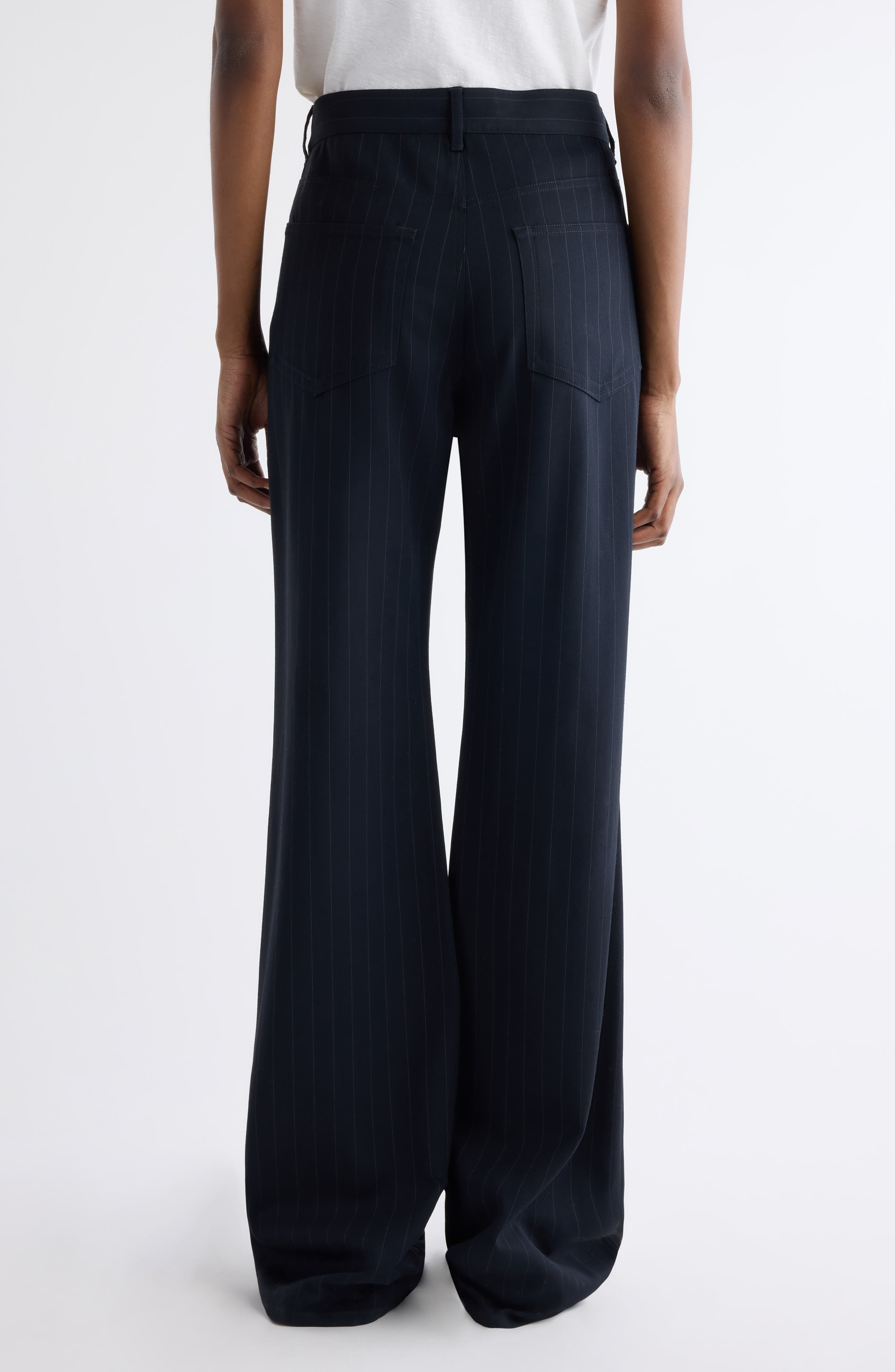 Acne Studios Poltana Fluid Pinstripe Bootcut Trousers in Navy at Nordstrom - 3
