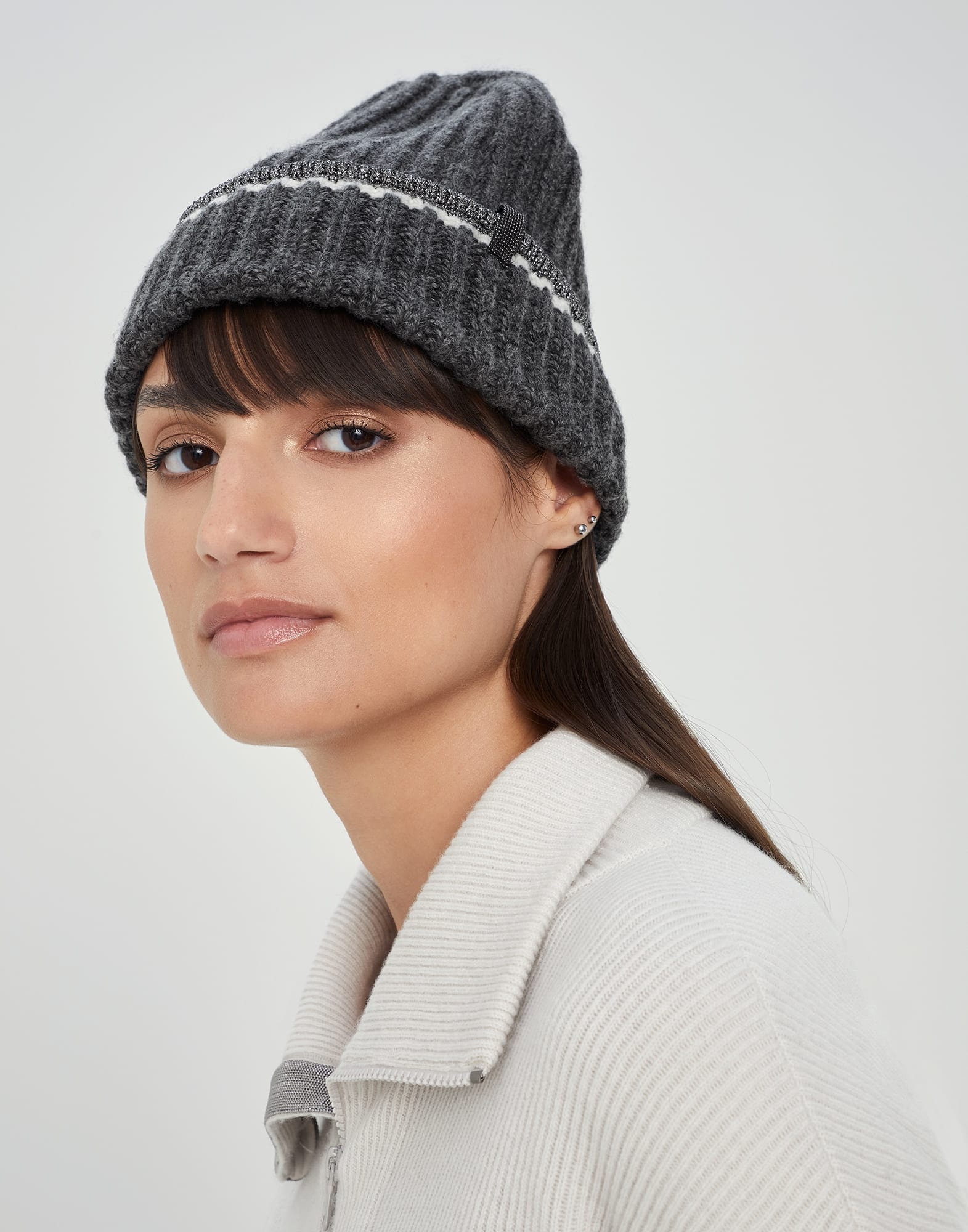 English rib knit beanie in cashmere feather yarn with sparkling trim and monili - 3