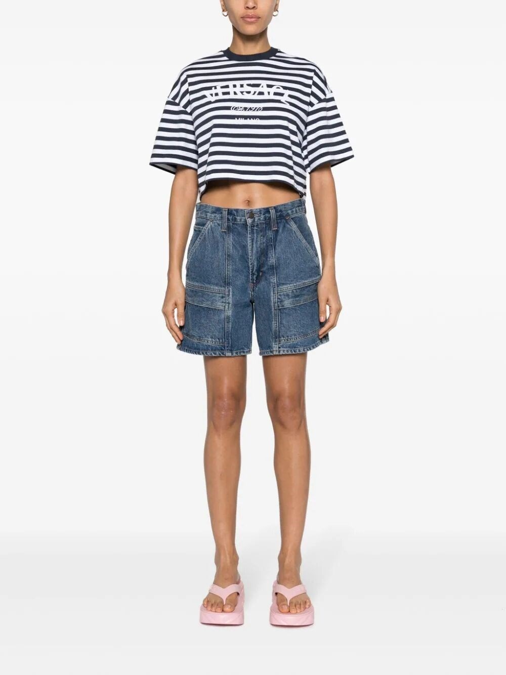 Nautical Stripes And Logo `Still Versace` Cropped T-Shirt - 2