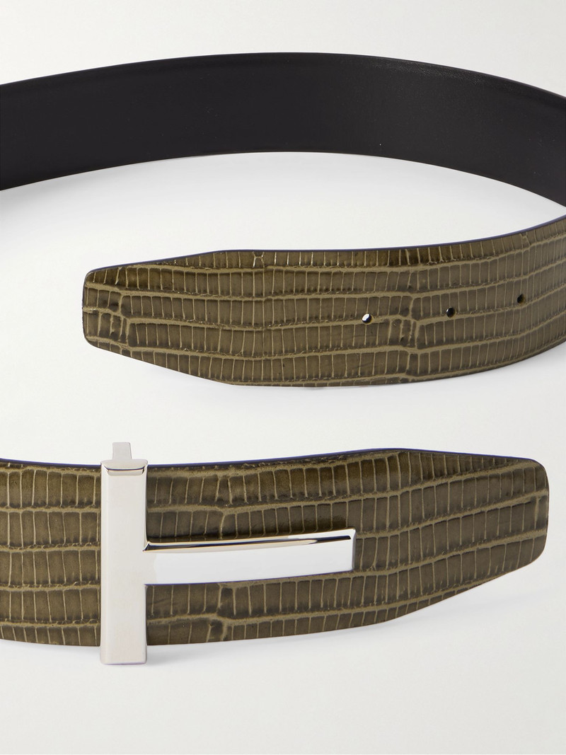 TOM FORD 4cm Reversible Croc-Effect Leather Belt Green outlook