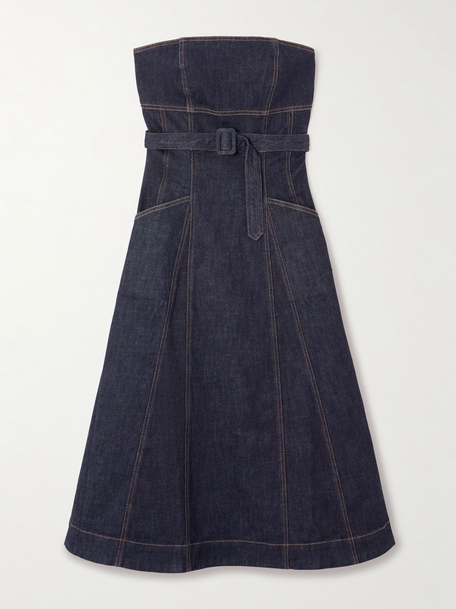 Strapless belted paneled denim midi dress Blue - 1