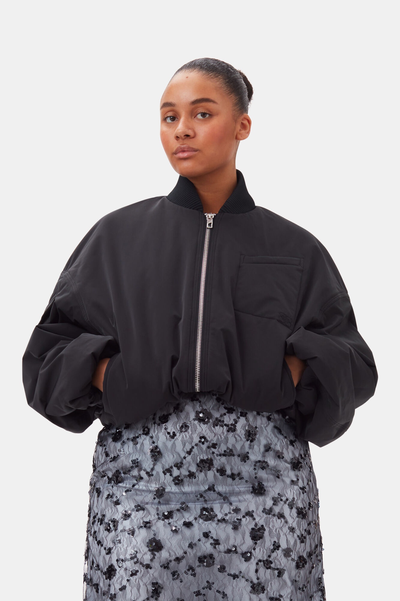 BLACK TWILL OVERSIZED SHORT BOMBER JACKET - 6
