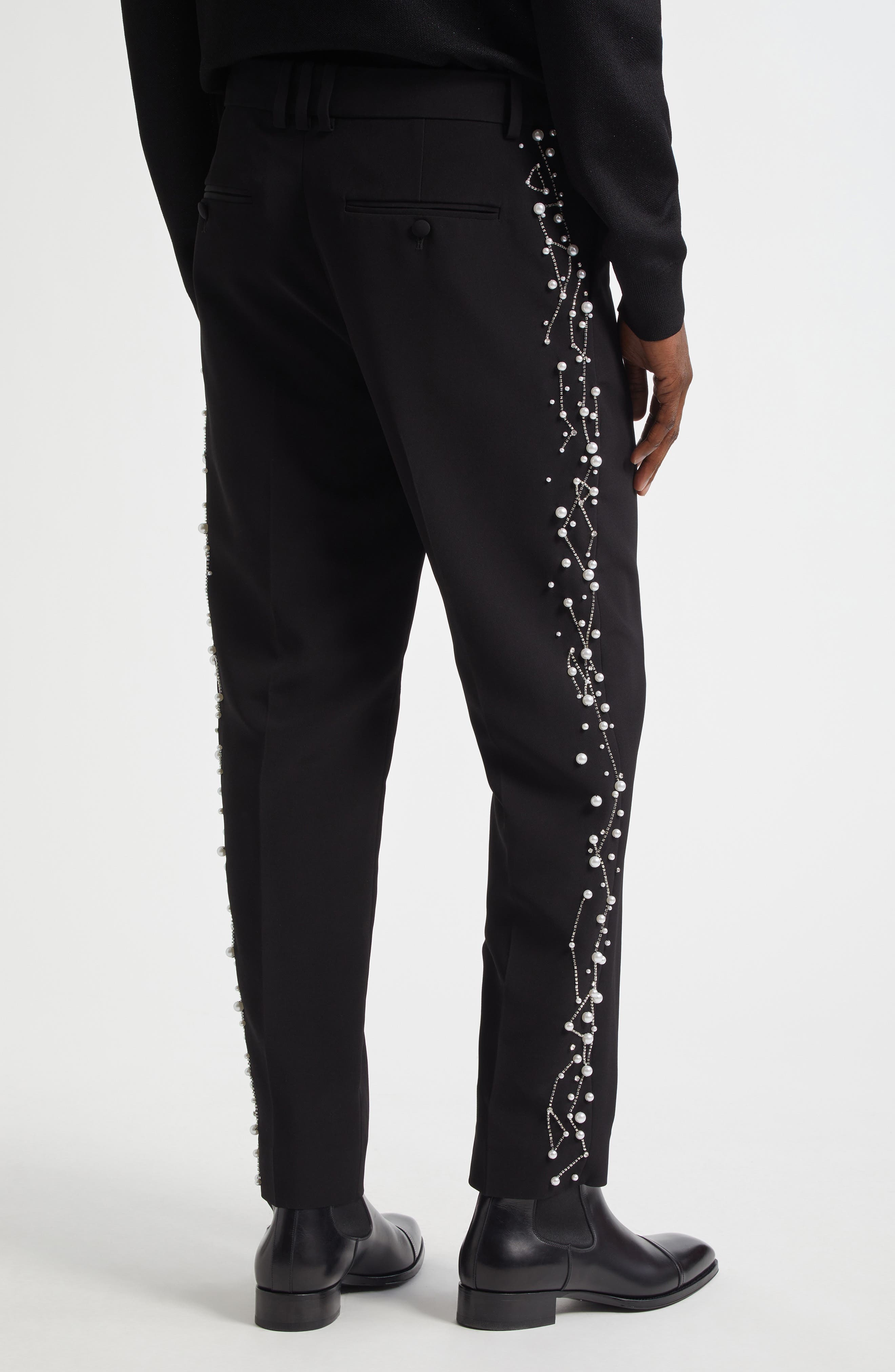 Balmain Imitation Pearl Constellation Embroidered Pants in Black/Crystal at Nordstrom - 3